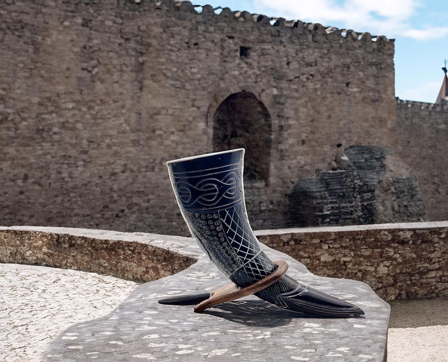 Taza de cuerno vikingo, jarra hecha a mano de estilo nórdico con soporte, auténtica taza medieval de Ale, ideal para festivales renacentistas y