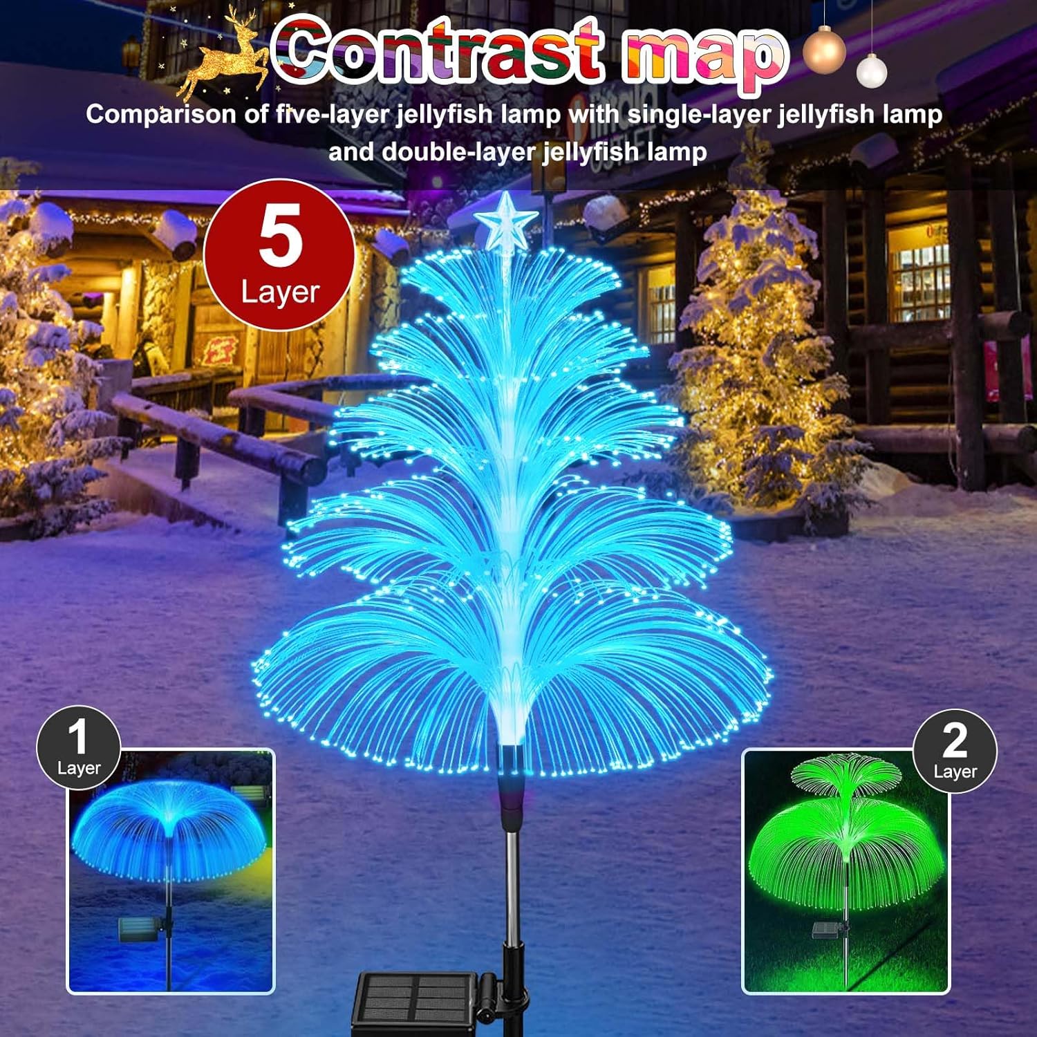 cltowany Luces solares de Navidad para árboles, luces solares impermeables para árbol de Navidad, medusas, 5 capas, fibra óptica, 7 colores