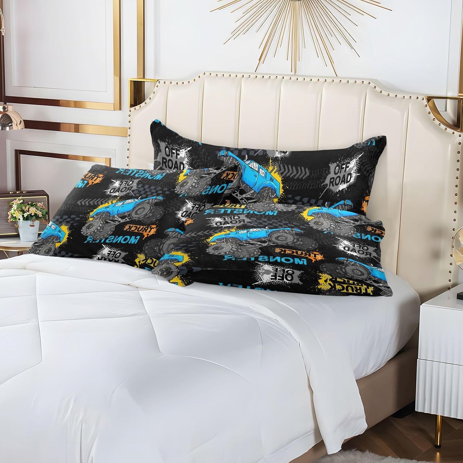 Funda de almohada de terciopelo con neumáticos de camión monstruo, funda de almohada larga de franela con cremallera oculta para mujeres y hombres,