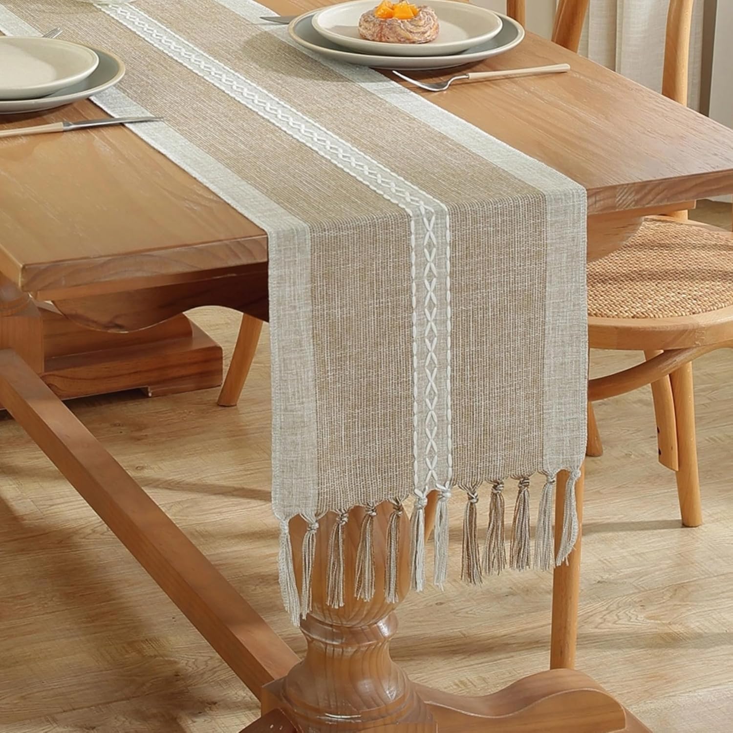 Camino de mesa de lino rústico con borlas, caminos de mesa de granja de 72 pulgadas de largo, decoración de mesa para decoración de fiestas, bodas y