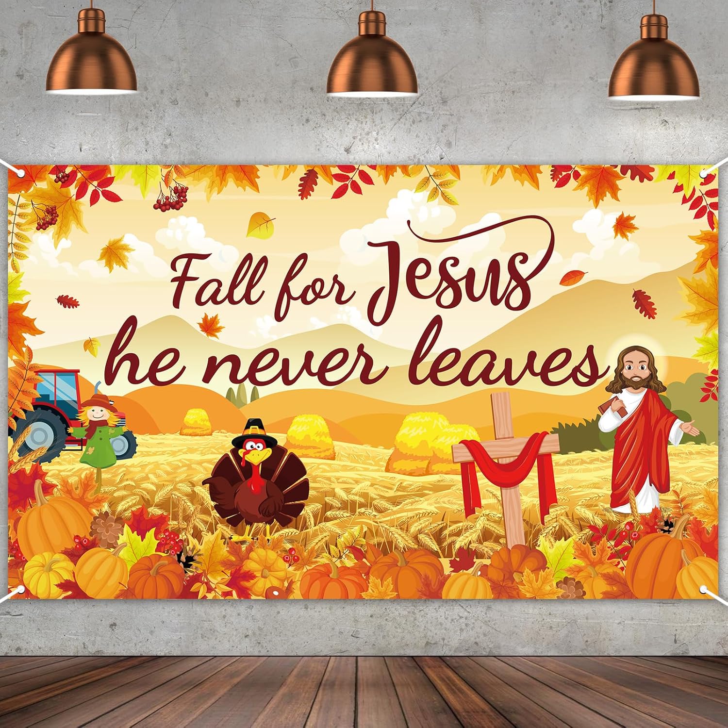 Cartel grande de otoño para Jesús, decoración de otoño para Jesús, telón de fondo de calabaza hoja de arce, decoración de fiesta de Acción de