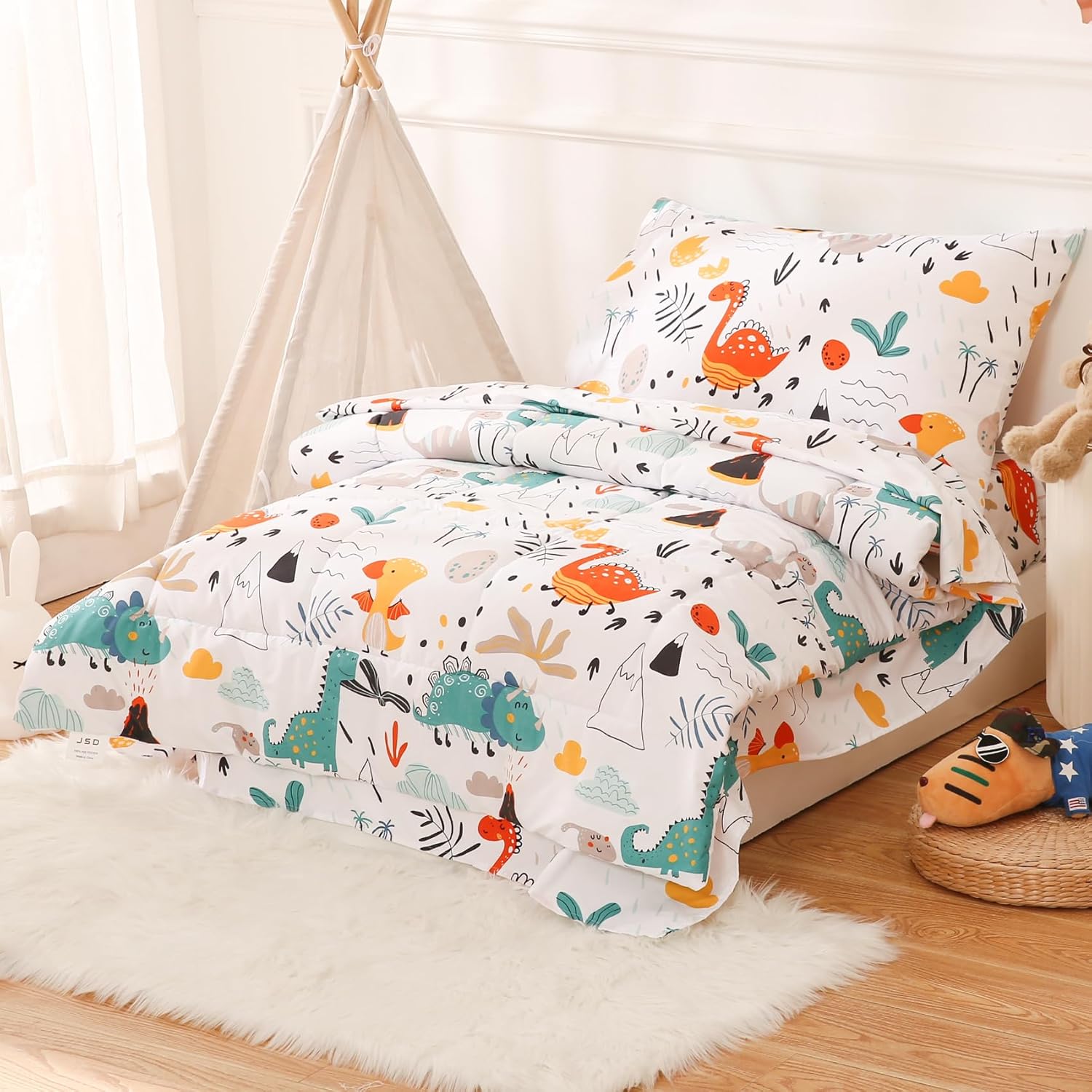JSD Juego de ropa de cama de 4 piezas con diseño de dinosaurio para niños y niñas, incluye sábana encimera, sábana bajera, edredón acolchado y funda