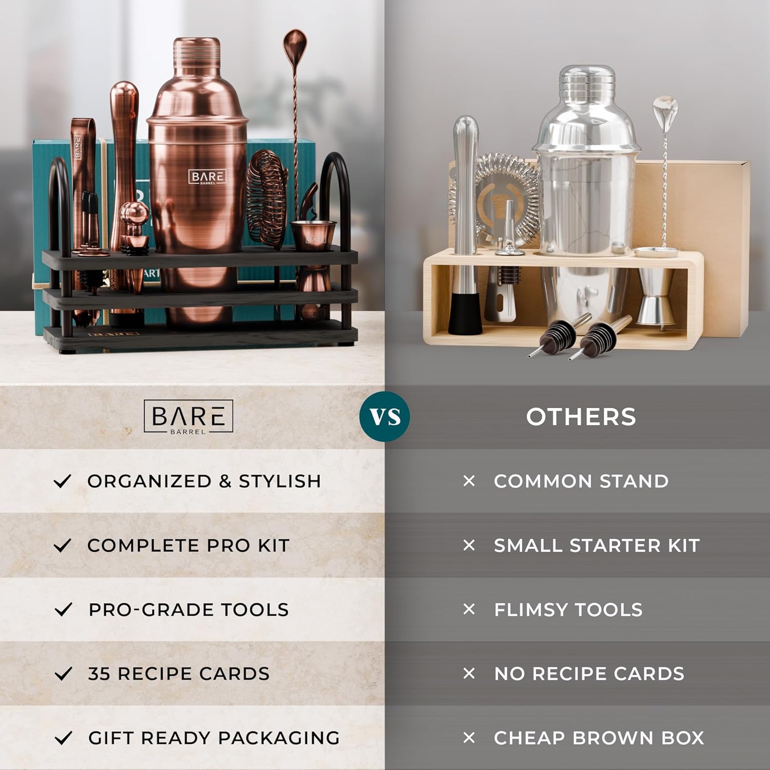 BARE BARREL Mixology Bartender Kit Bar Set  Juego de coctelera Martini de 14 piezas  Herramientas profesionales de mezcla de bar para bar en casa