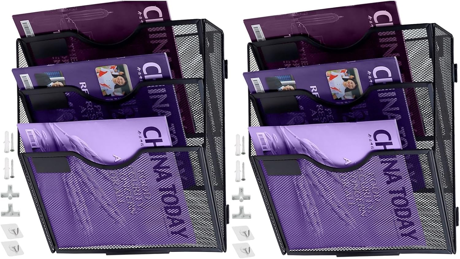 Paquete de 2 organizadores de archivos de pared de 3 bolsillos, organizador de correo, soporte de revistas, soporte vertical de malla para colgar