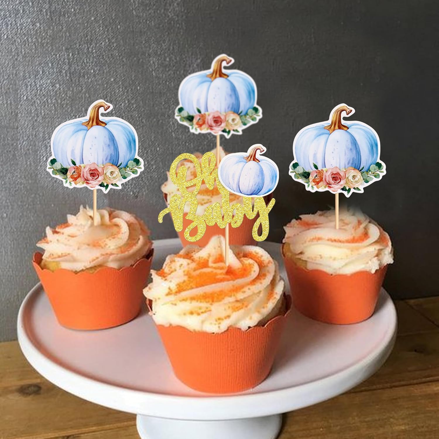 24 piezas Oh Baby Pumpkin Cupcake Toppers Glitter Pumpkin Cupcake Picks Little Pumpkin Baby Shower Decoraciones Oh Baby Shower Tema de Cosecha de