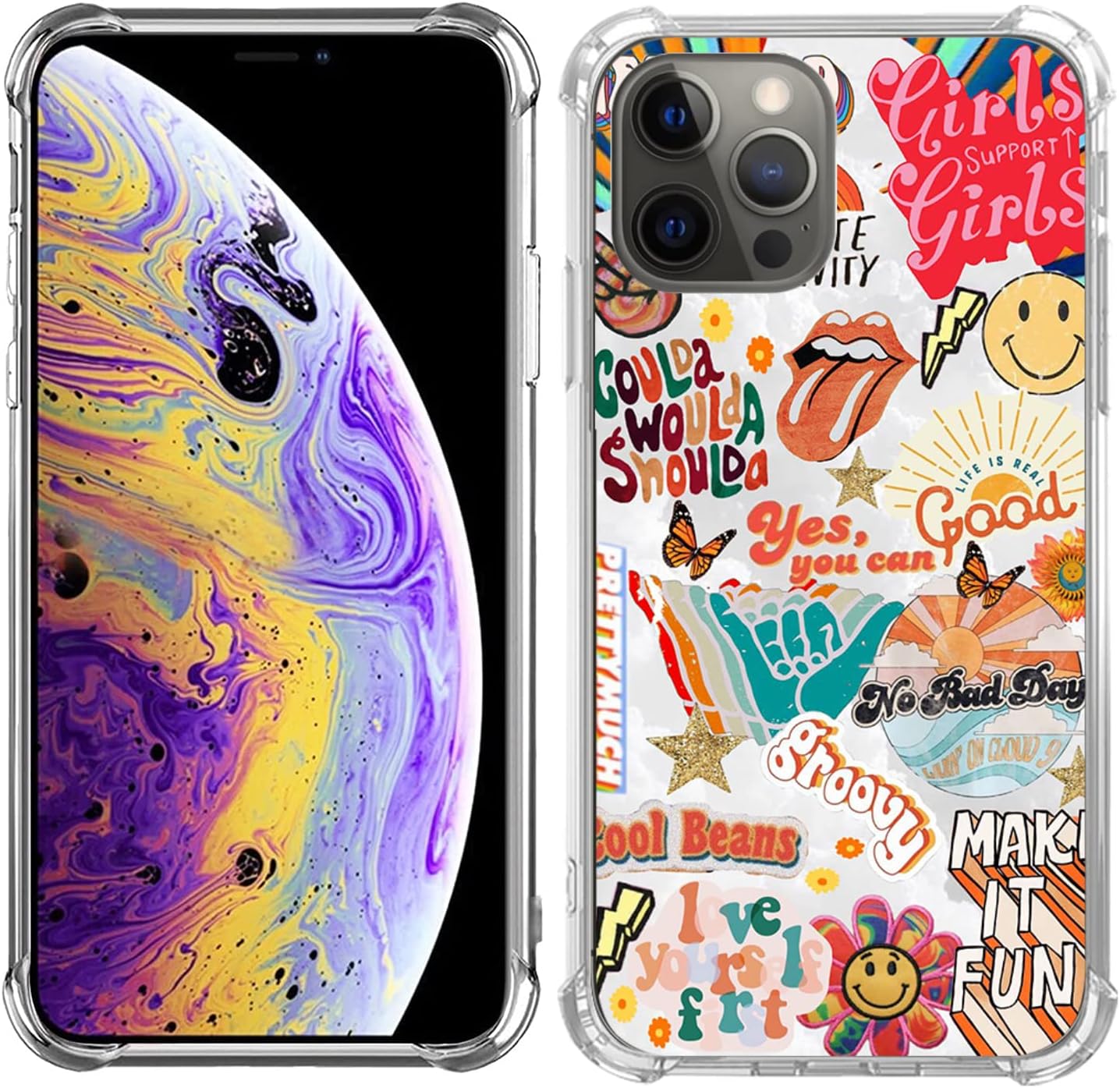 Funda retro de Good Vibes con patrón de mariposa y cara sonriente, compatible con iPhone 15 Pro Max, funda de collage de colores estéticos Trippy
