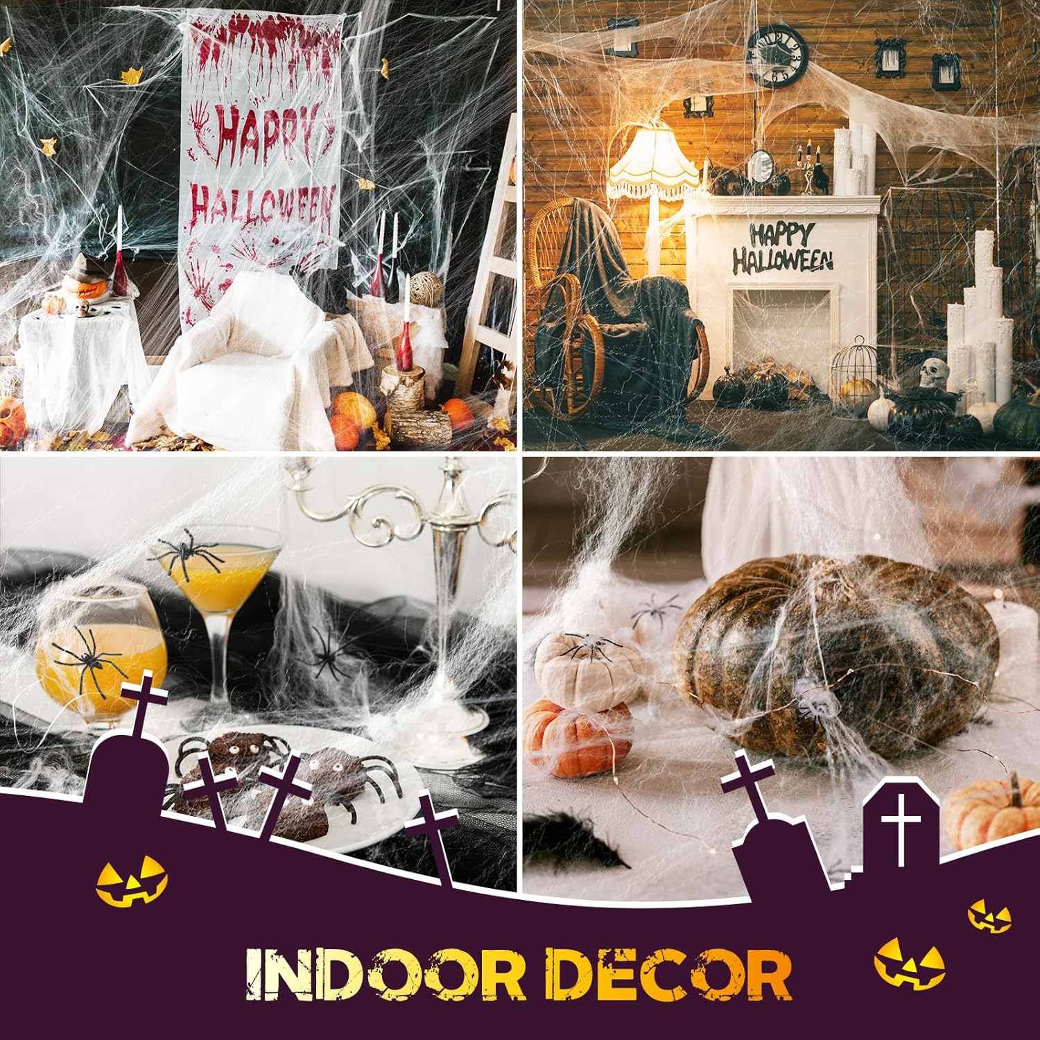Telarañas de 800 pies cuadrados para decoración de Halloween con 90 arañas falsas, telarañas falsas elásticas para arbustos, fiestas temáticas de