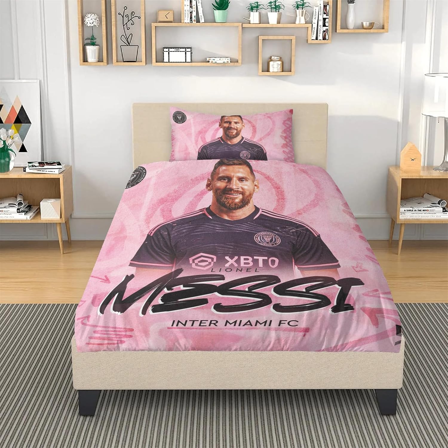 Aimery Miami – Juego de ropa de cama de fútbol, juego de funda de edredón de fútbol rosa, juego de ropa de cama de fútbol de microfibra suave, 3