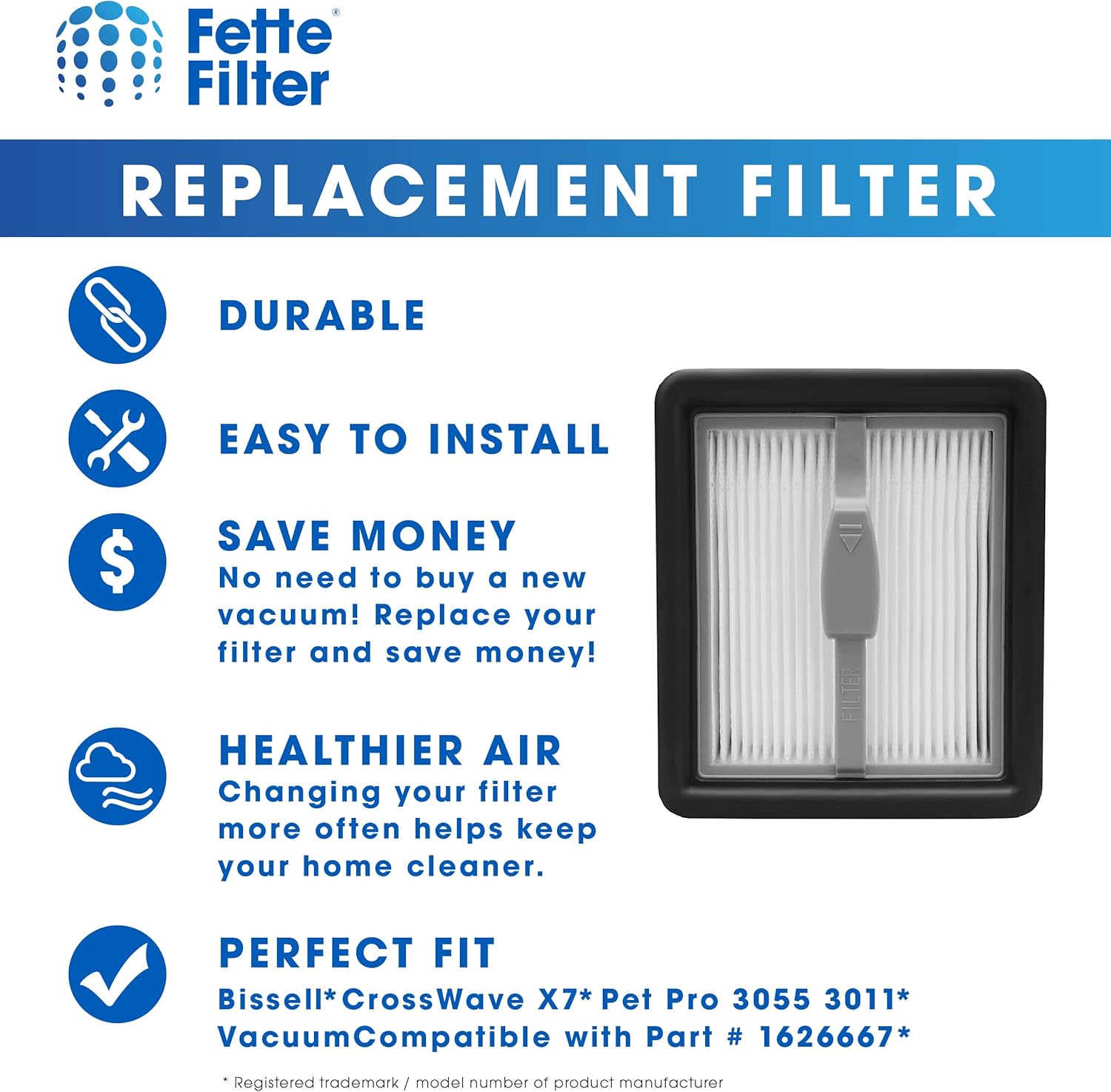 Fette Filter – Reemplazo del filtro Hepa 3350 compatible con Bissell Crosswave X7 Wet Dry Vac Número de modelo 3276A 3279 3277 3011 3055 Comparar