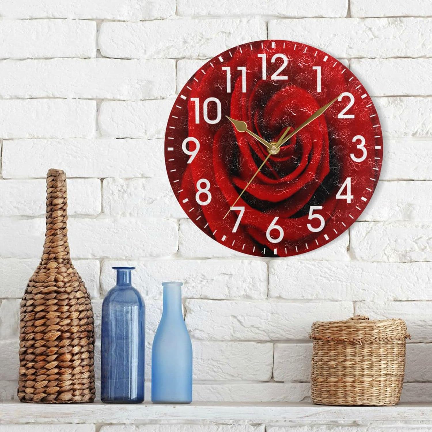 ALAZA Decoración del hogar, diseño de flores rojas y rosas florales, día de San Valentín, reloj de pared redondo de acrílico de 9.5 pulgadas, arte