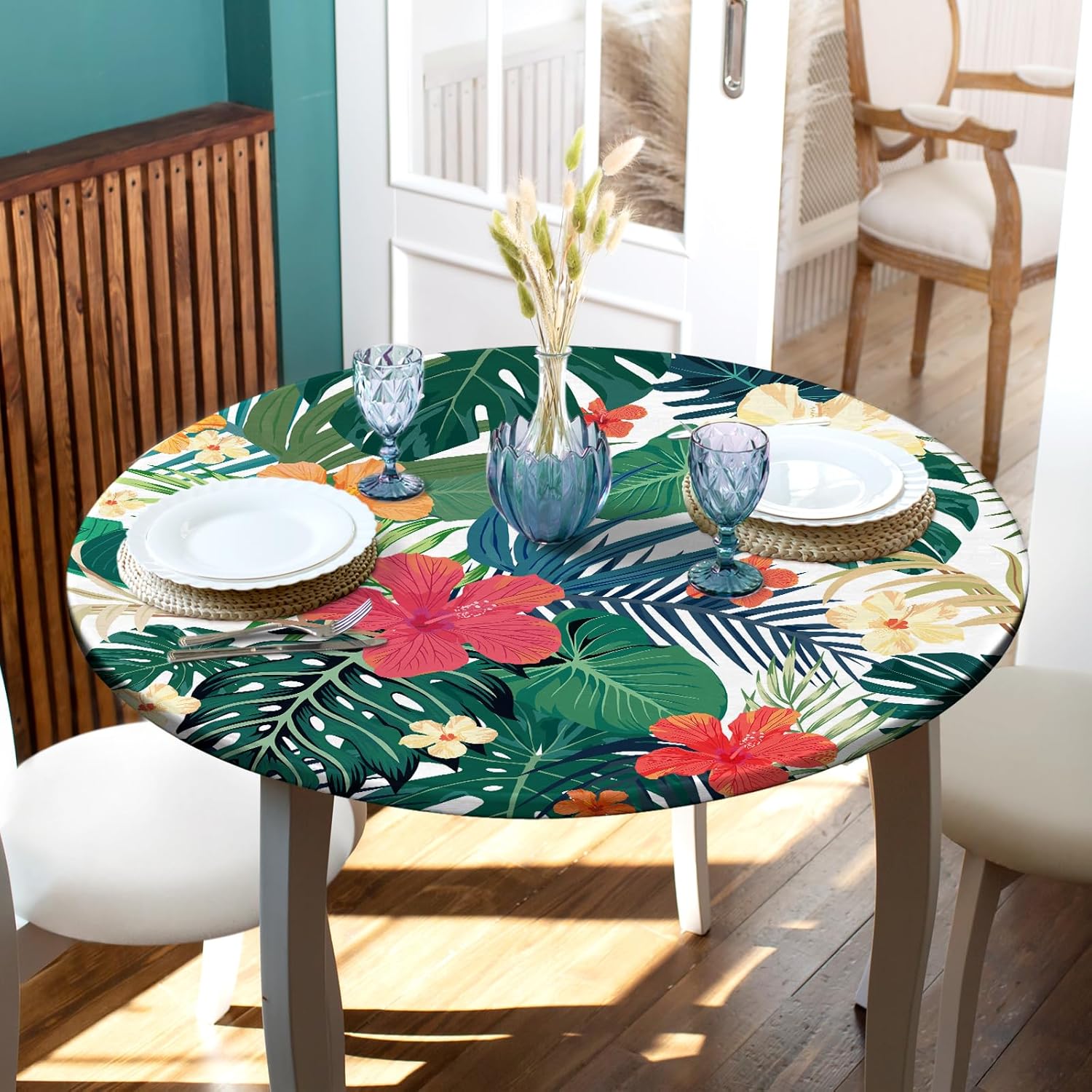 Mantel redondo ajustable con hojas de palma tropicales elásticas para exteriores, mantel redondo impermeable para cocina, fiesta, picnic, 45 a 54
