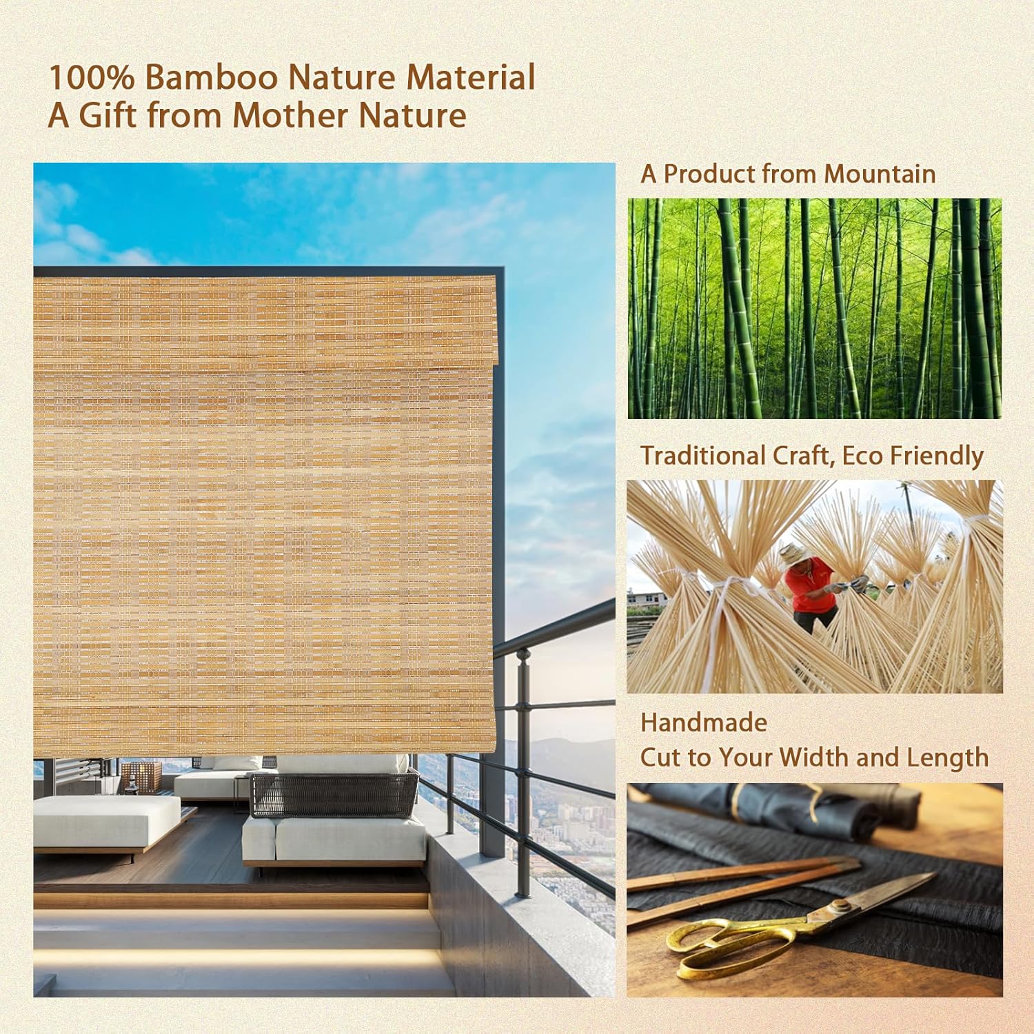 CHEFRU Cortinas romanas de bambú para ventana, roble, interiorexterior filtro de luzpersianas de madera pura