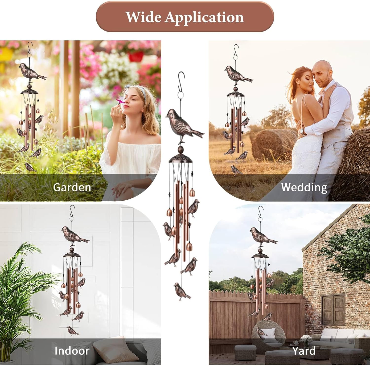 Campanillas de viento de pájaros para exteriores, campanas de viento decorativas con 4 tubos de aluminio para colgar, campanas de viento