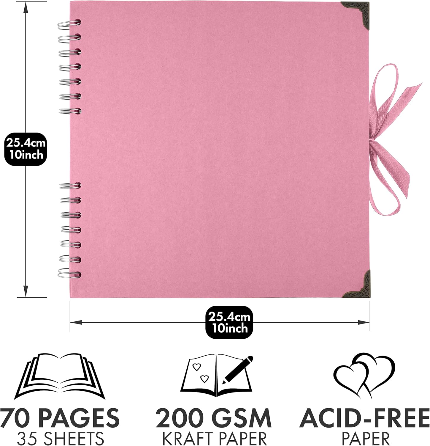 Bstorify Álbum de recortes de 10 x 10 pulgadas, 70 páginas, protectores de esquina de papel kraft grueso rosa, cierre de cinta, ideal para tus