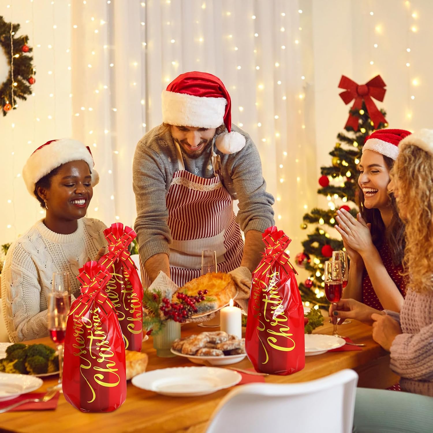 Teling 100 bolsas de regalo para botella de vino de Navidad, bolsa de celofán, funda roja para bolsa de vino de Feliz Navidad, incluye 50 bolsas de