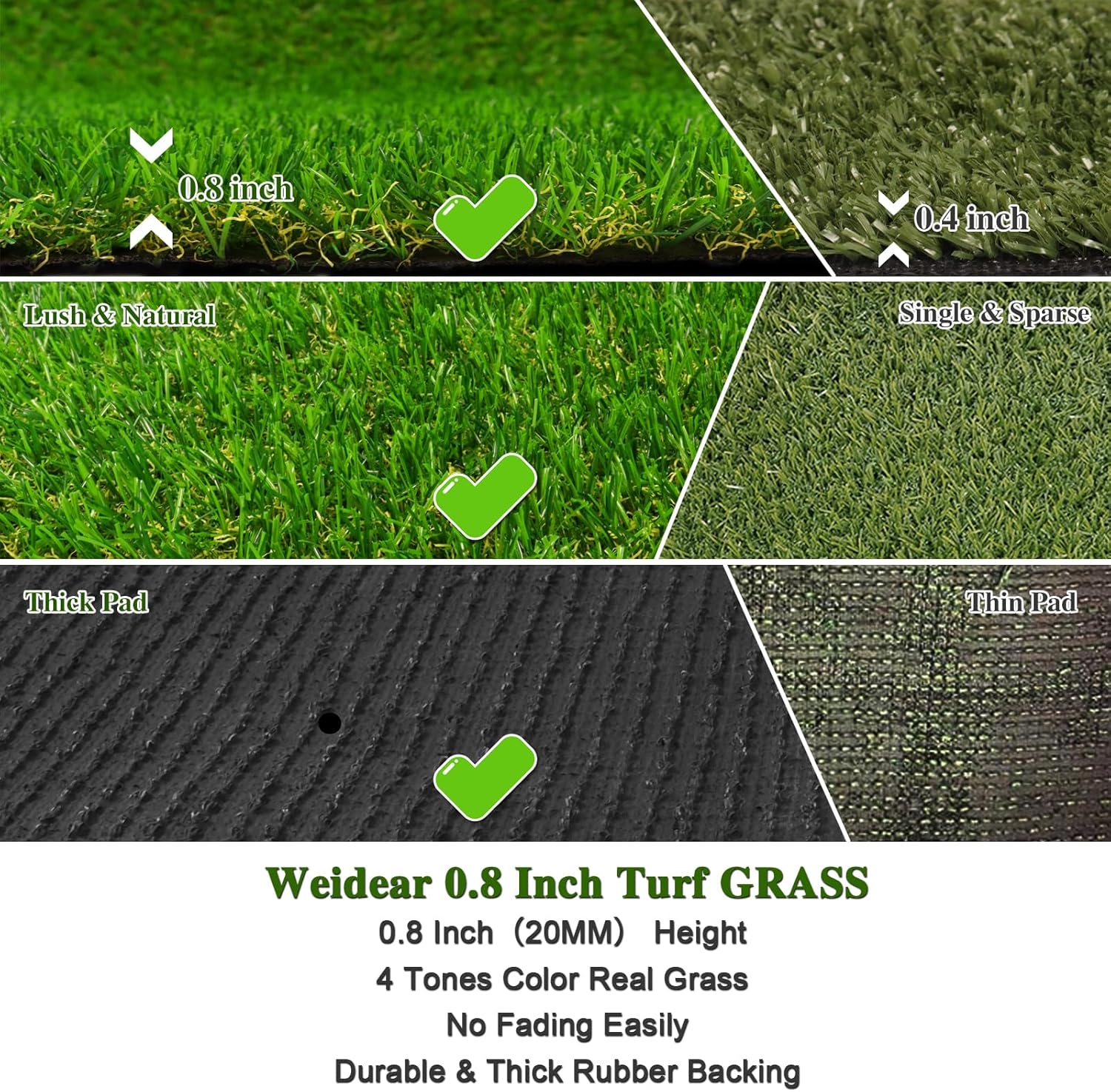 Weidear Alfombra de césped artificial realista de 3 x 3 pies, con agujeros de drenaje, 0.787 in para interior y exterior, césped sintético para