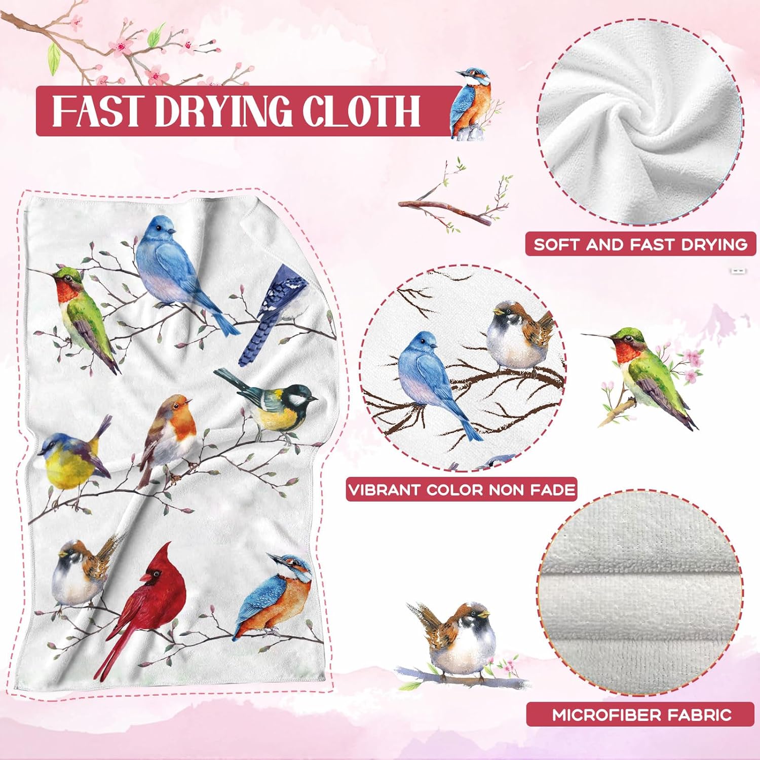 Juego de 4 toallas de cocina con diseño de pájaros, diseño de pájaros en rama, color cardenal, colibrí, azul, toallas de cocina absorbentes para