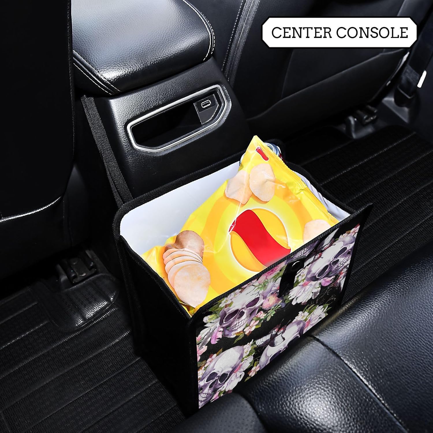 Basurero de coche con diseño de calaveras, flores, pájaros, mariposas, para guardar cosas en el automóvil, bolsas de basura plegables para