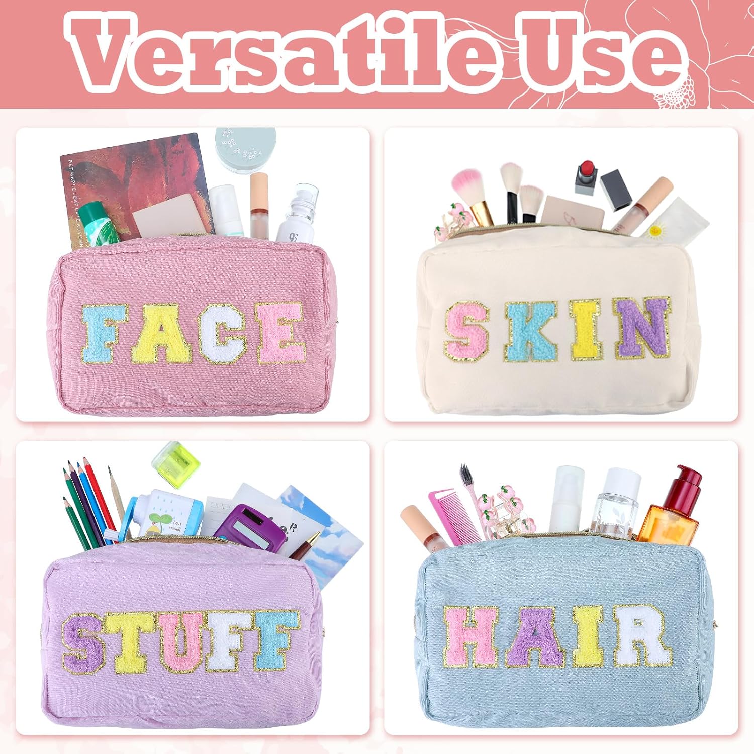 Pinkunn 4 bolsas de maquillaje preparadas, regalo de Navidad, de pana, de felpilla, con letras, bolsa de parches para la piel y el cabello, bolsa de