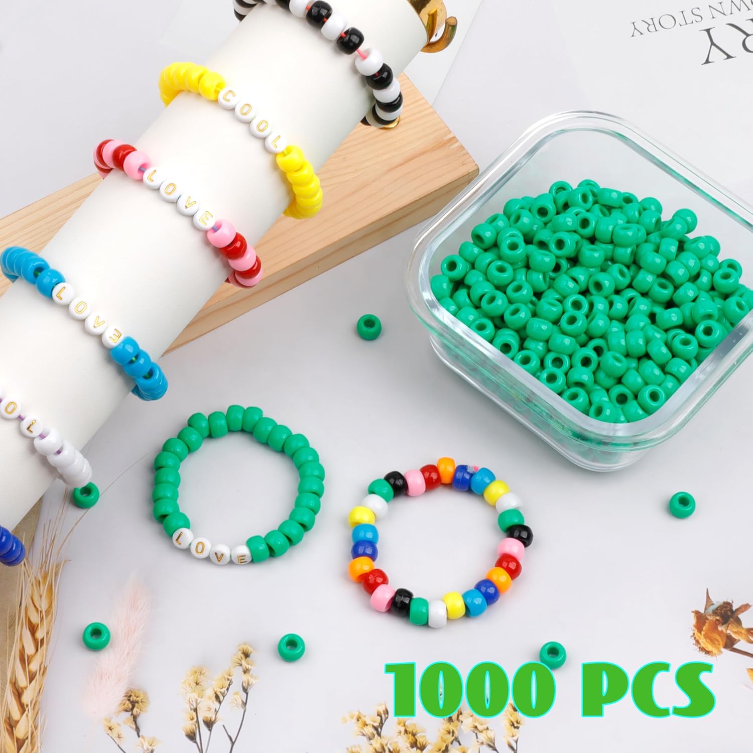1000 cuentas de poni de 0.354 in, cuentas de barril de plástico verde para collares, cuentas de pelo para trenzas para niñas, llavero, fabricación