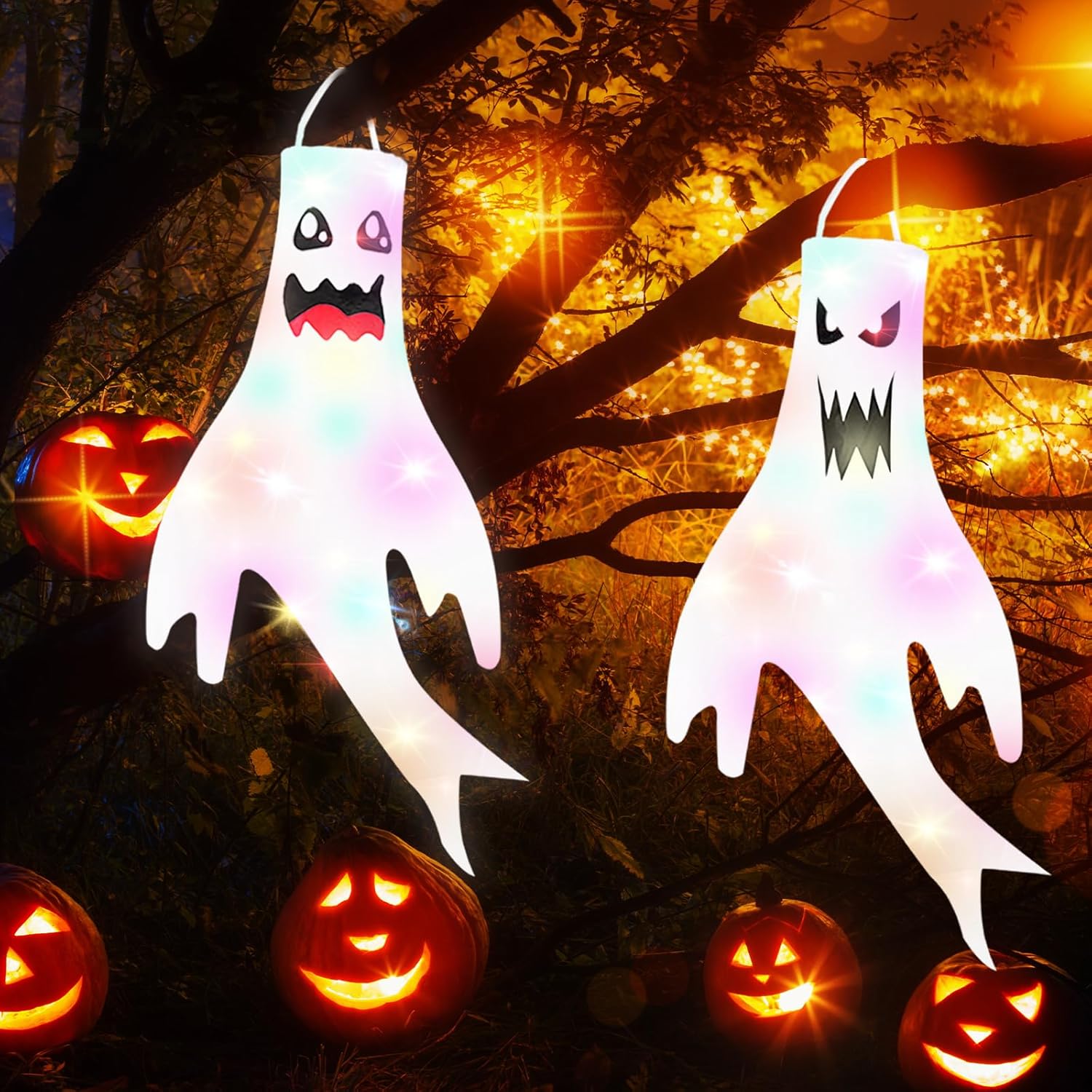 Dokeawo 2 piezas de decoración de Halloween, calcetines de viento fantasma de 47 pulgadas, decoración de Halloween colgante con luz LED para