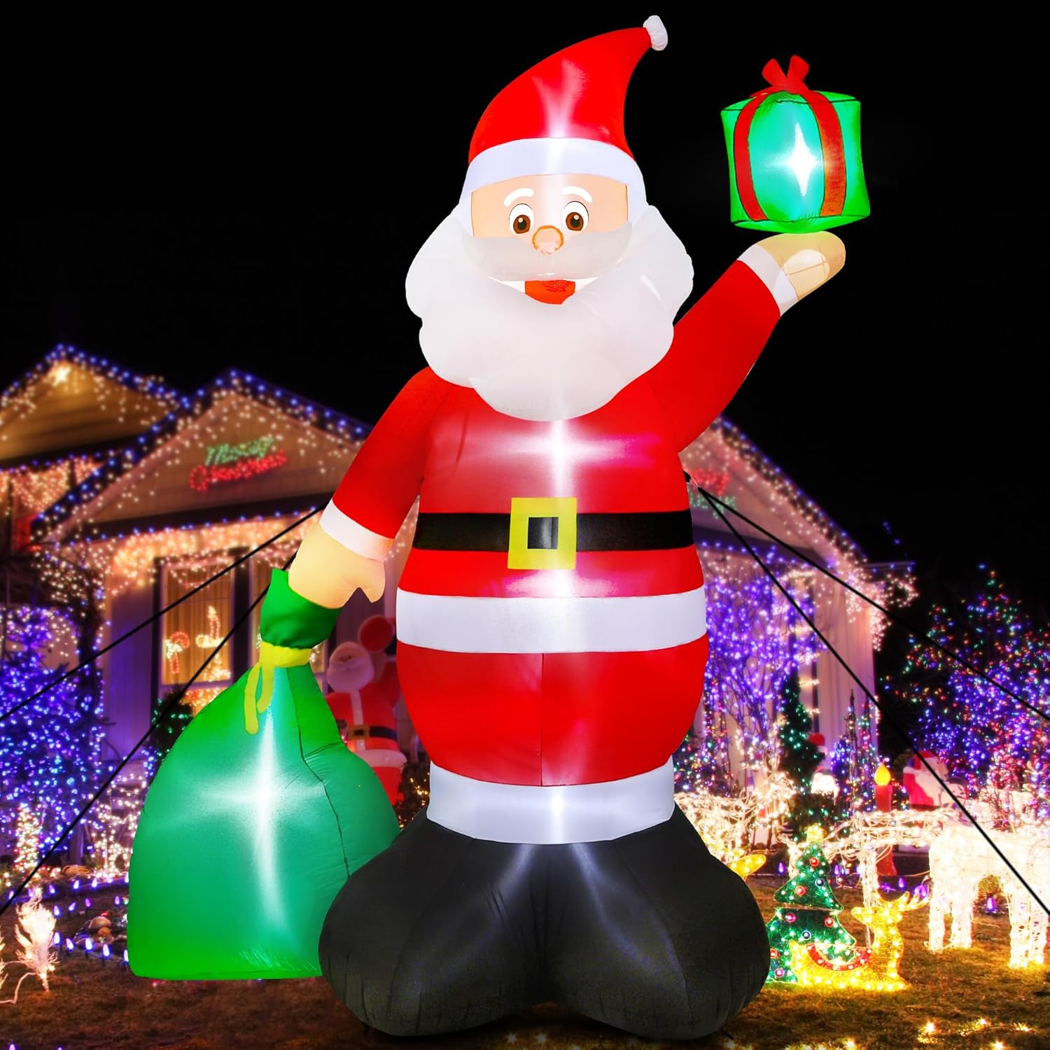 Inflables de Navidad de 14 pies, Papá Noel inflable gigante con bolsa de regalo, Papá Noel de Navidad inflable con 6 luces LED, decoraciones