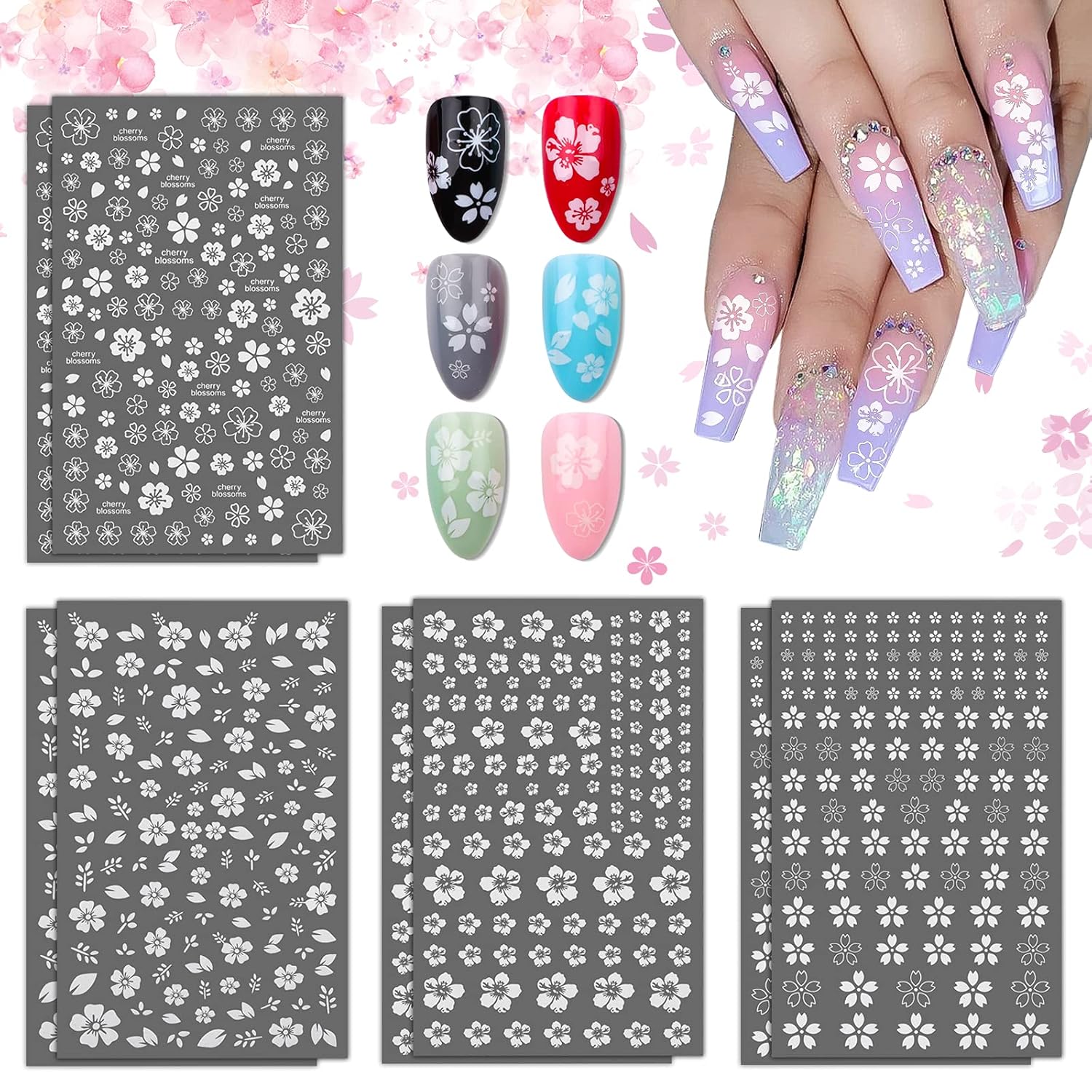 EBANKU – Calcomanías para uñas de flor de cerezo, 8 hojas autoadhesivas de flores blancas para uñas acrílicas, suministros de arte de uñas para