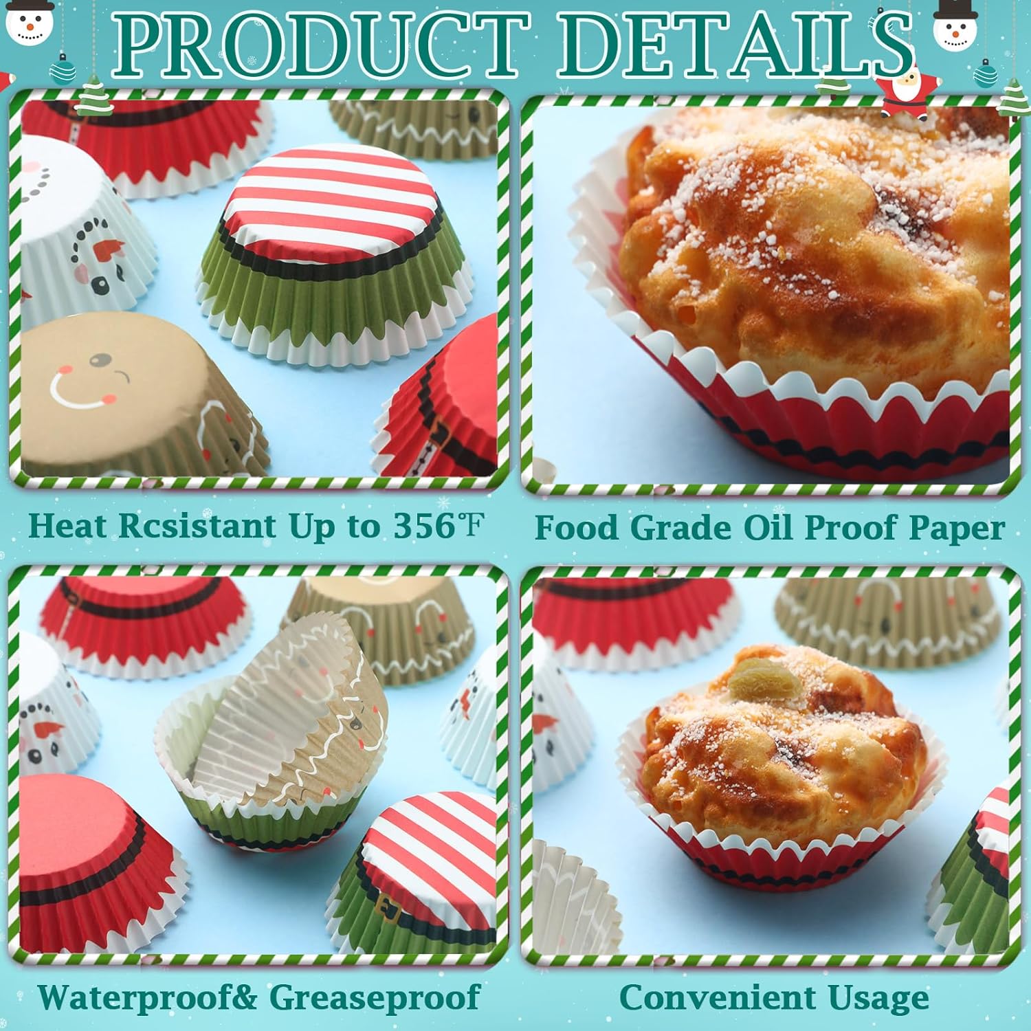 600 envoltorios de cupcakes de Navidad, forros de cupcakes de Papá Noel, tazas de cupcakes de muñeco de nieve, tazas de papel colorido de Navidad