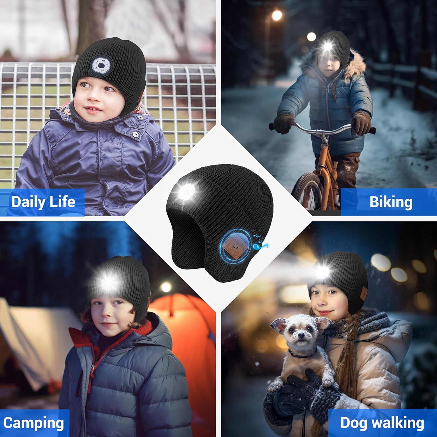 Gorro Bluetooth con luz LED para niños, micrófono integrado y altavoces estéreo, gorro de punto con música recargable por USB (negro, niño)