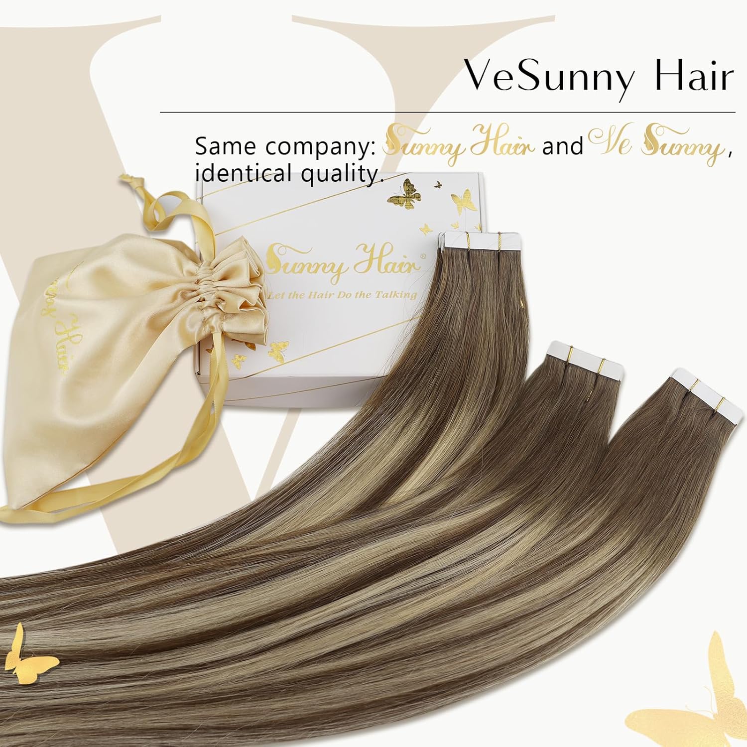 Ve Sunny Extensiones de cabello humano con cinta adhesiva, balayage, color marrón medio, rubio platino y marrón, extensiones de cabello con cinta