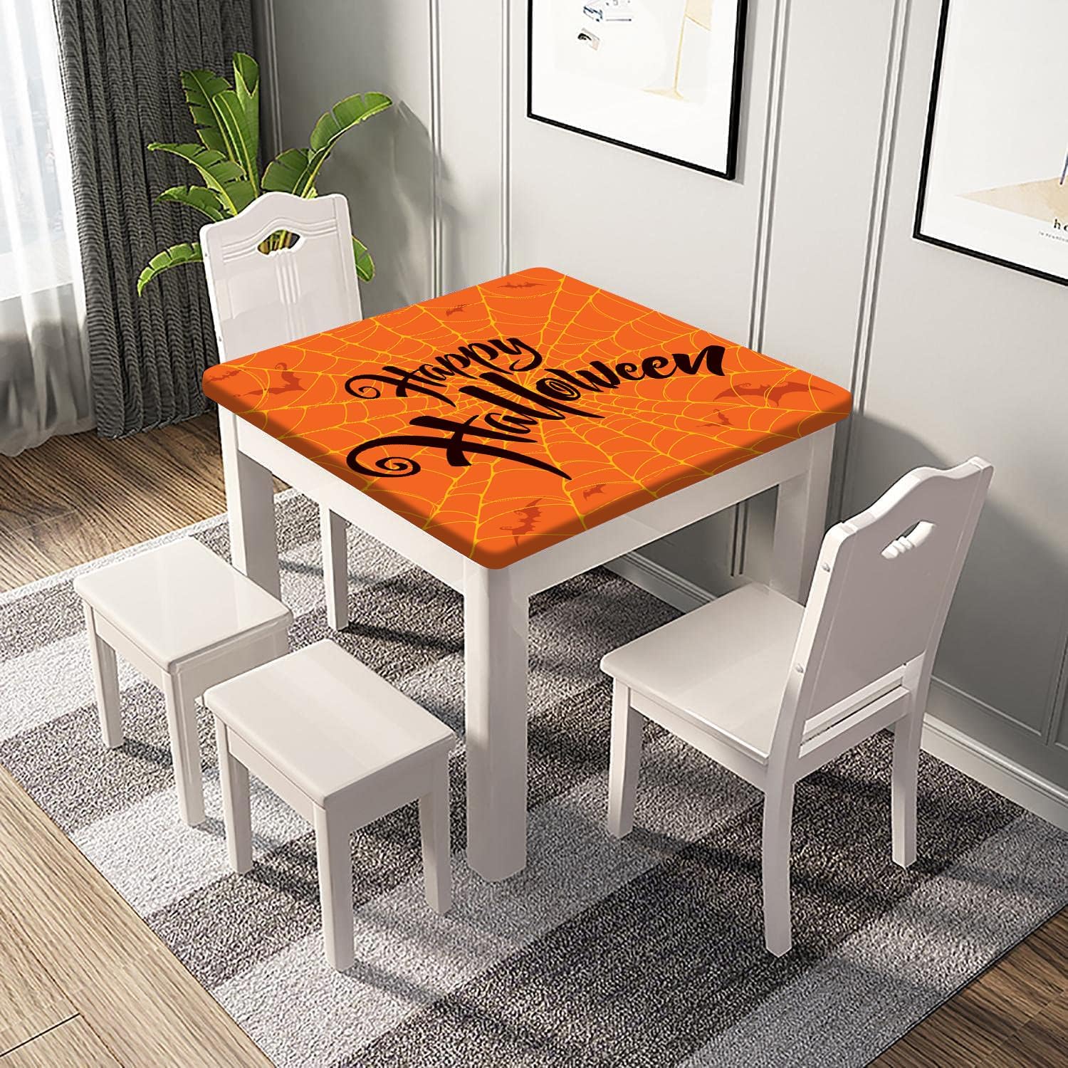SongYi Mantel cuadrado de poliéster ajustable para Halloween, tela de araña naranja, borde elástico, decoración del hogar, manteles temáticos