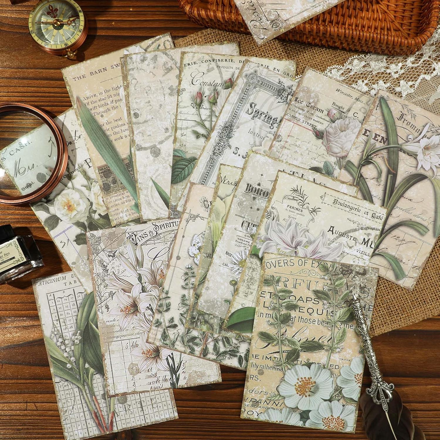16 hojas de suministros de papel vintage para álbumes de recortes, 4 x 5.7 pulgadas, patrón botánico, papel decorativo para manualidades, papel