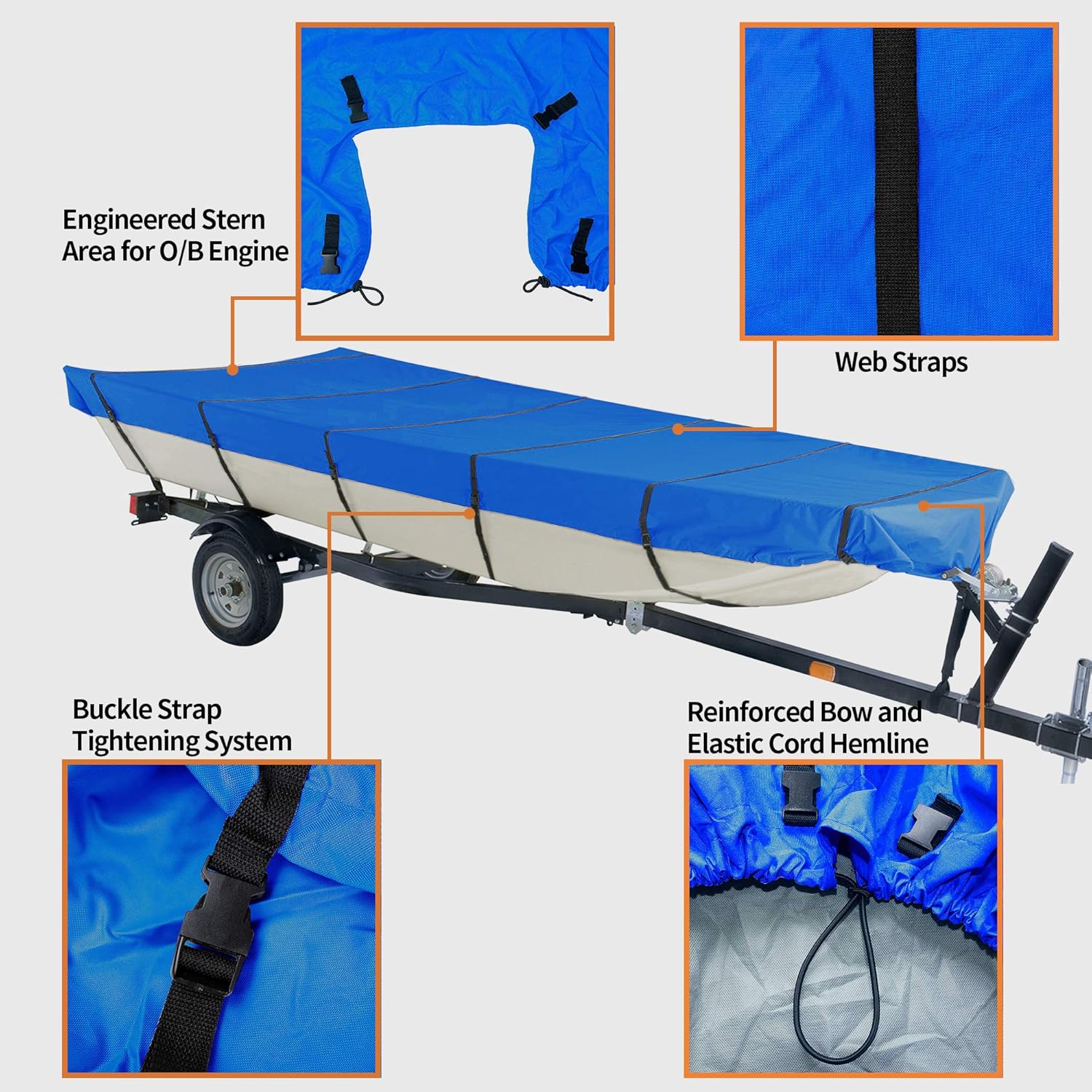 iCOVER JB6202B-1 – Funda de barco Jon resistente al agua, se adapta a barco Jon de 14 pies de largo y ancho de haz de hasta 70 pulgadas, color azul,