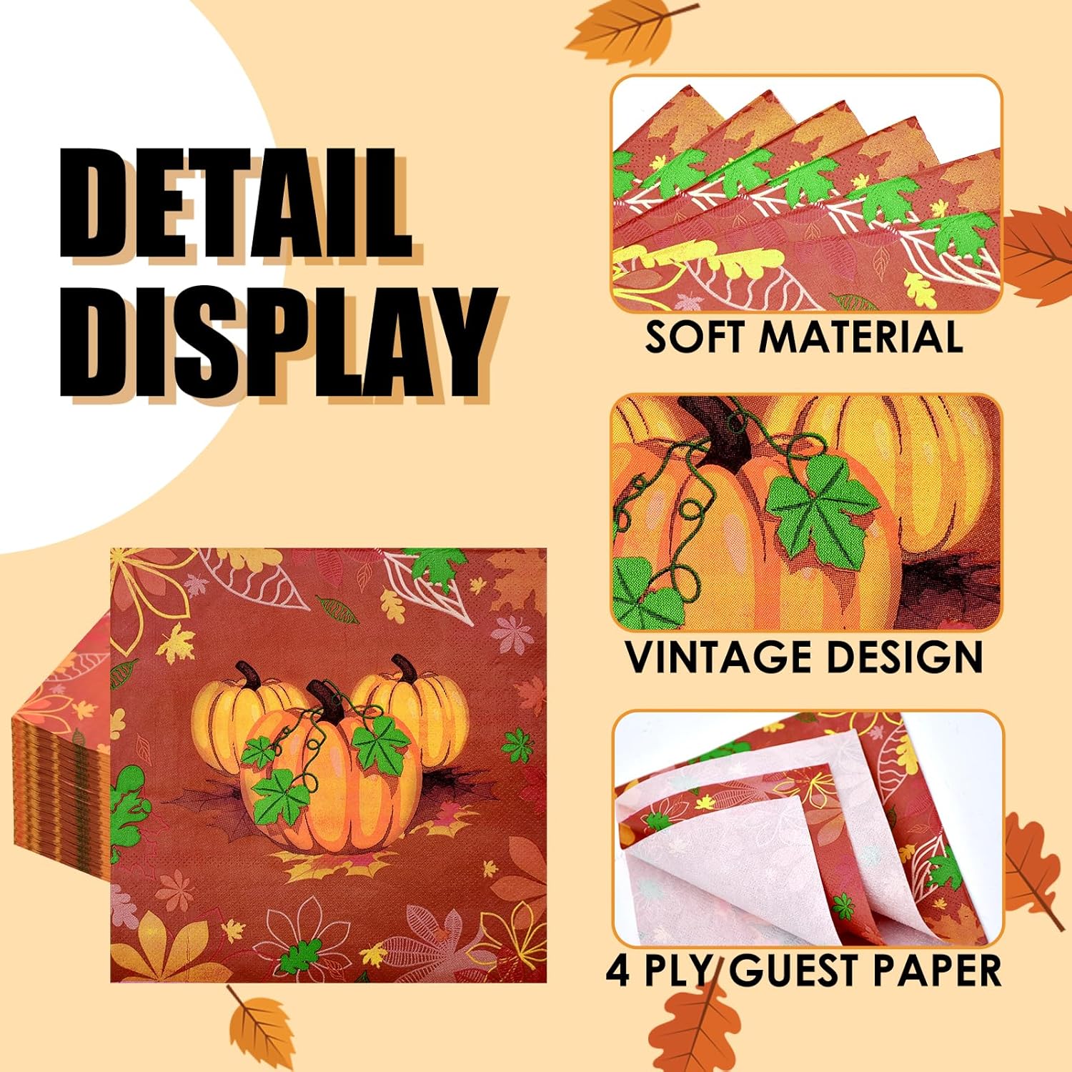 Paquete de 40 servilletas de papel para el día de Acción de Gracias, 13 x 13 pulgadas, servilletas desechables de calabaza, vajilla de almuerzo,