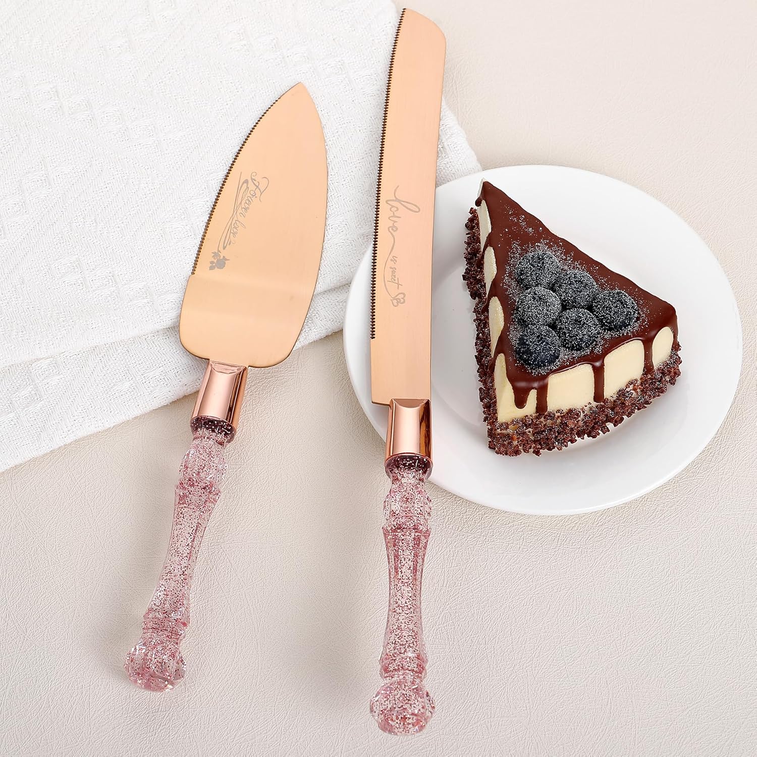 Juego de cuchillos y servidores para tartas de boda, juego de corte de pastel para boda, juego de cortador de pastel de oro rosa para pasteles de