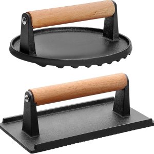 CEKEE 2 prensas de hamburguesas, redondas de 7 pulgadas y 8.2 x 4.3 pulgadas rectangulares, prensa de hierro fundido resistente con mango de madera, CEKEE 2 prensas de hamburguesas, redondas de 7 pulgadas y 8.2 x 4.3 pulgadas rectangulares, prensa de hierro fundido resistente con mango de madera,