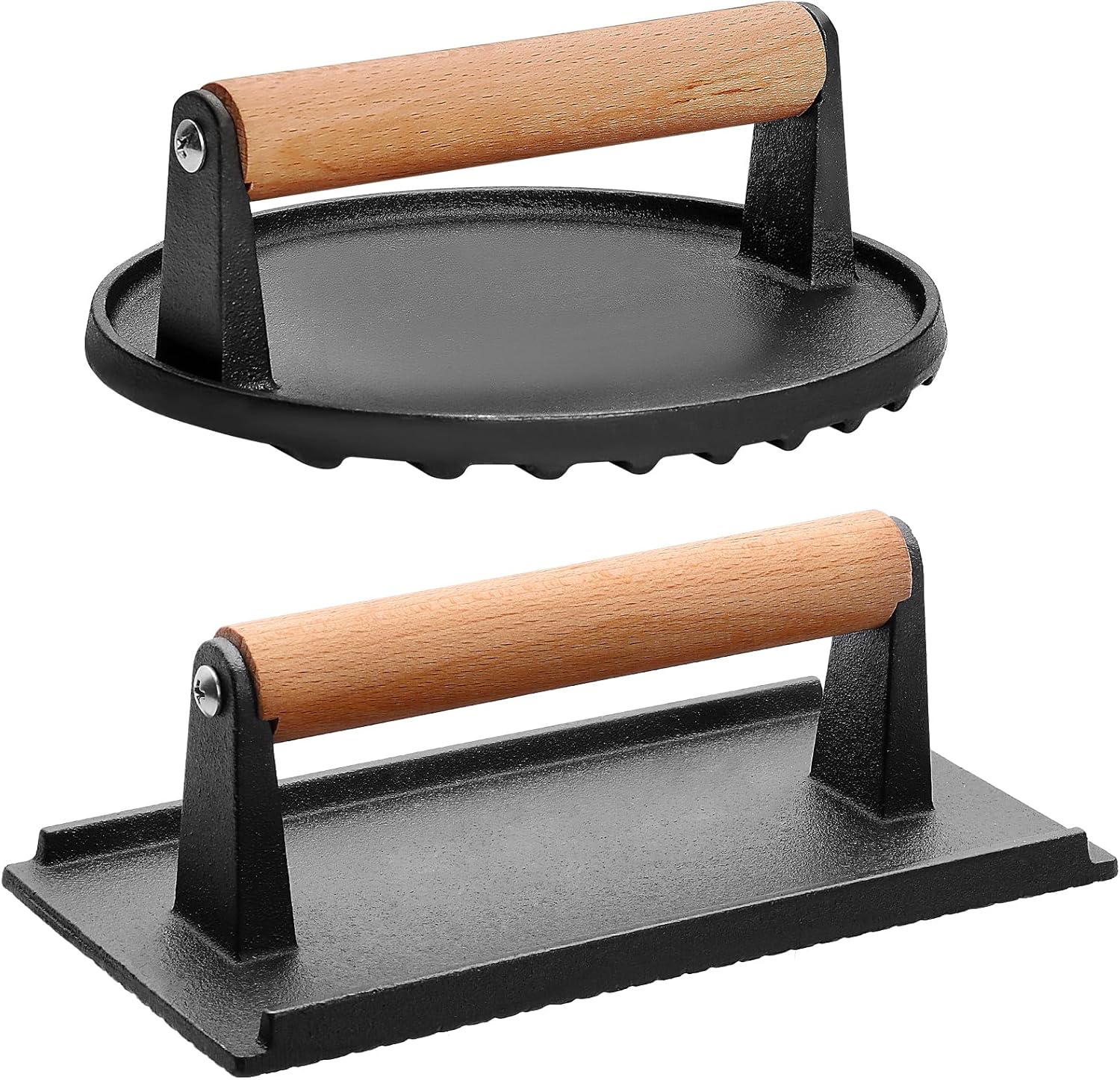 CEKEE 2 prensas de hamburguesas, redondas de 7 pulgadas y 8.2 x 4.3 pulgadas rectangulares, prensa de hierro fundido resistente con mango de madera,