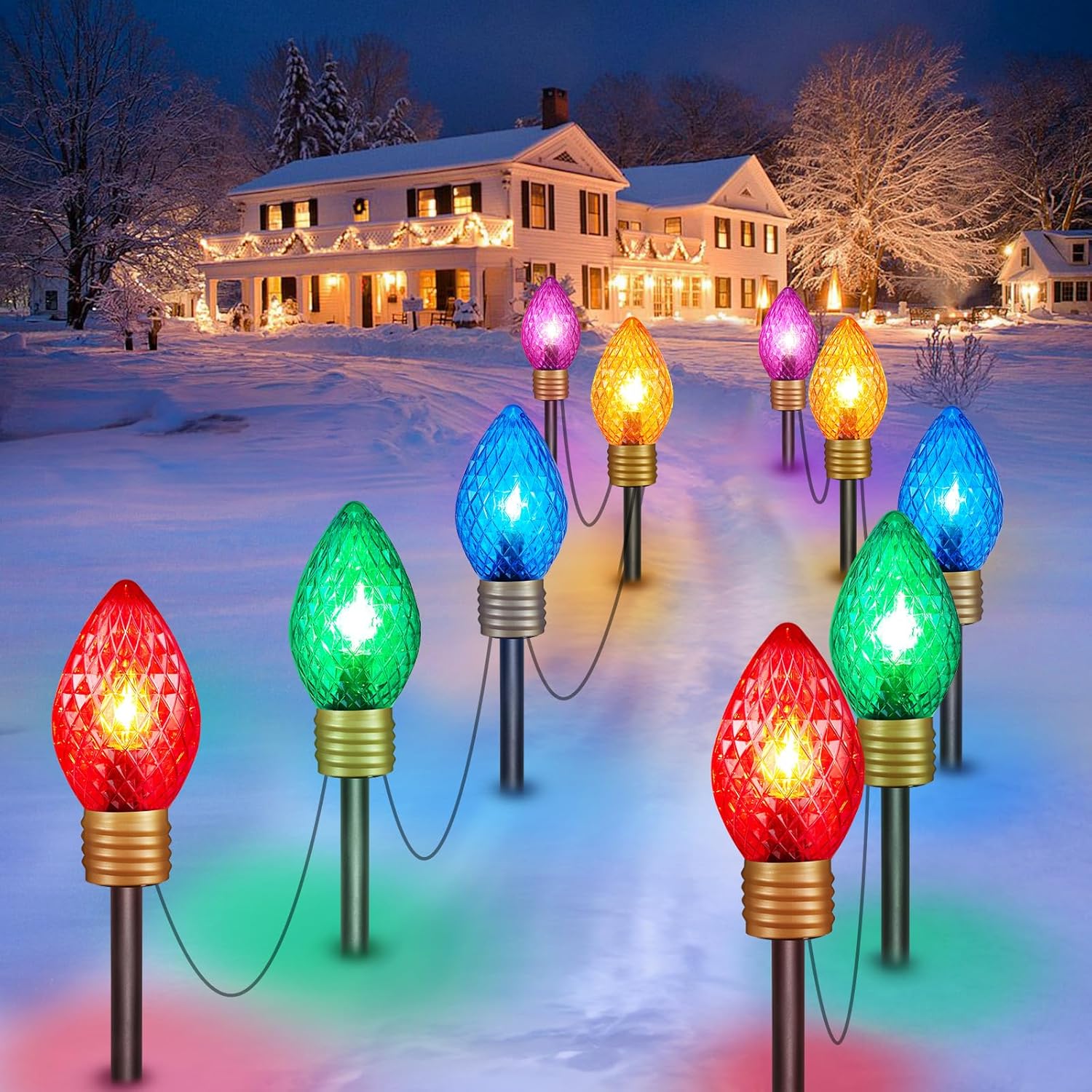 Paquete de 2 luces jumbo C9 de Navidad para caminos al aire libre  10.5 pies 5 luces fresa C9 luces de pasarela, luces C7 cubiertas Jumbo Multicolor
