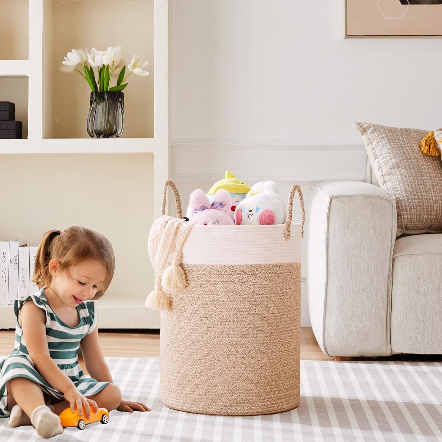 Cesta tejida para ropa sucia, cesta de cuerda alta de 60 litros para manta, cesta de ropa para dormitorio, cuarto de bebé, cesta de lavandería para