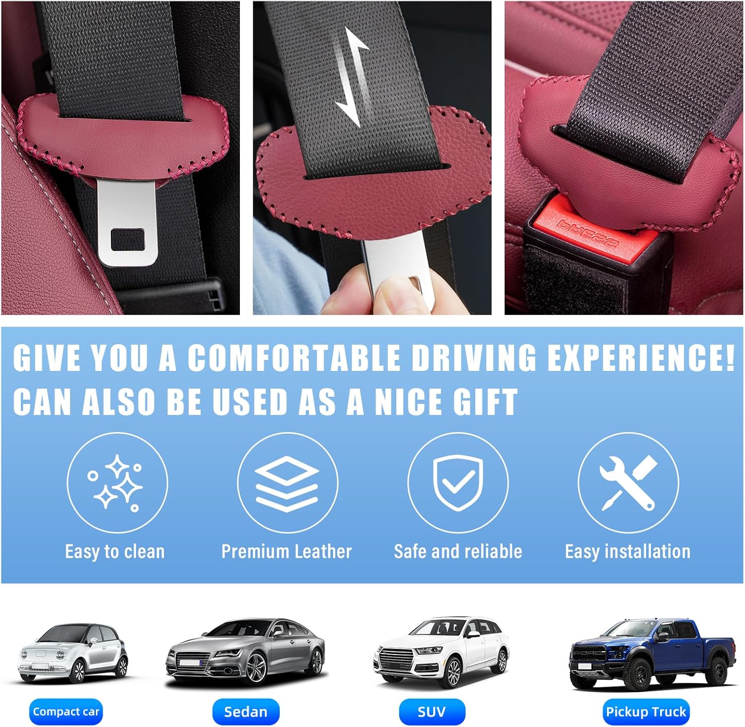 2 fundas para hebilla para cinturón de seguridad, de cuero antiarañazos, funda de clip silenciador para cinturón de seguridad, protector de hebilla