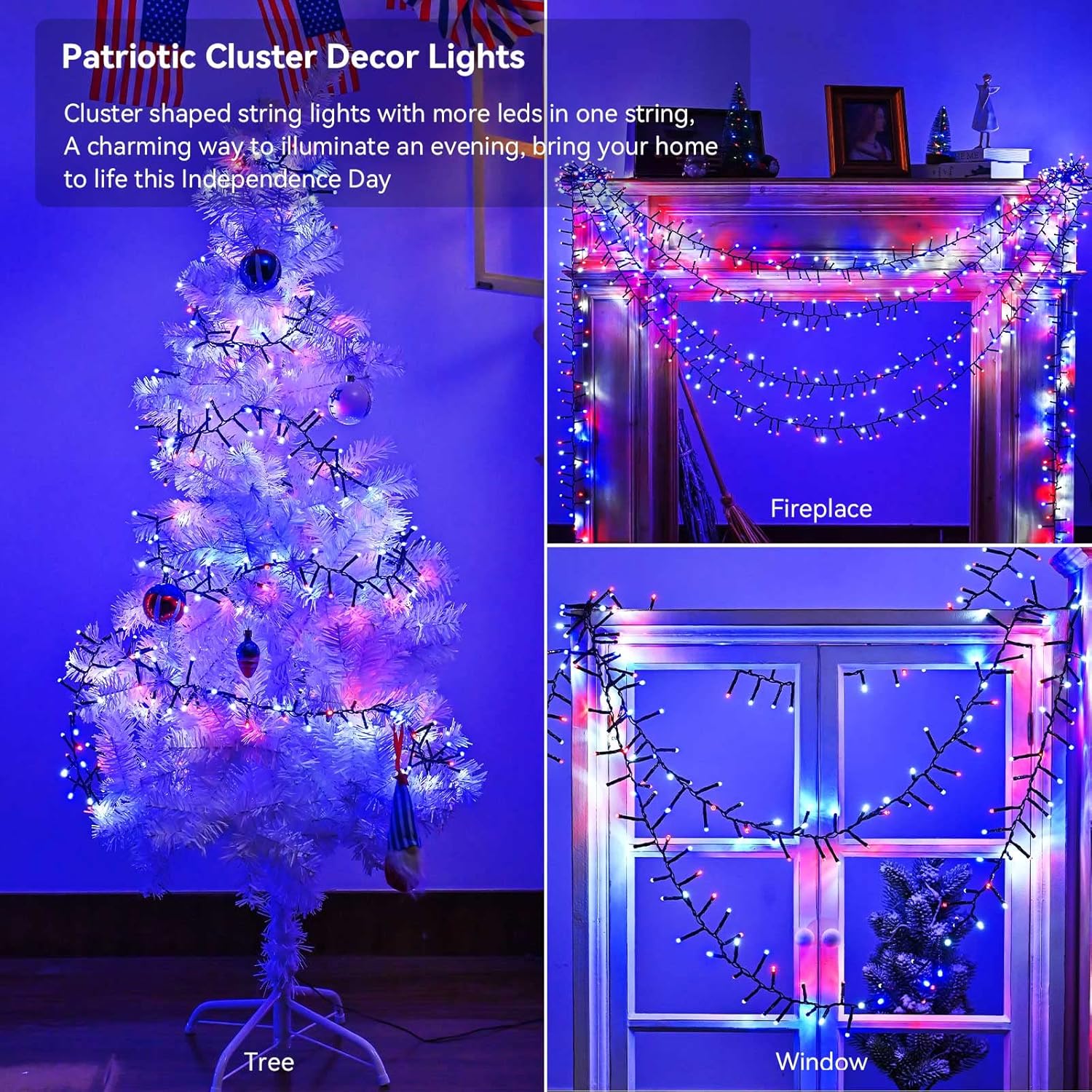 Tira de luces LED rojas, blancas y azules, 400 LED, 19.7 pies, 8 modos, impermeable, para interiores y exteriores, 4 de julio, Día de la