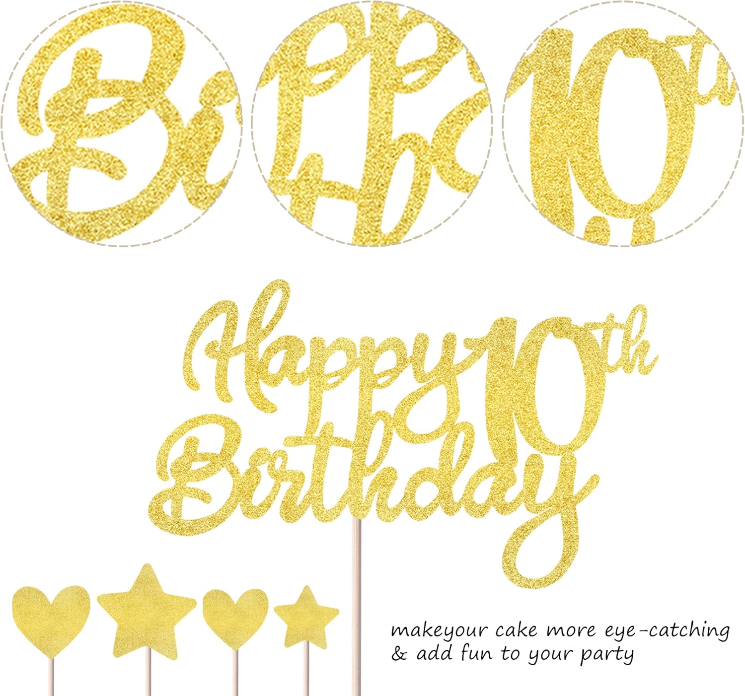 Paquete de 9 decoraciones para tartas de cumpleaños número 10 con purpurina de corazón y estrella para cupcakes, saludos a los 10 años de edad,