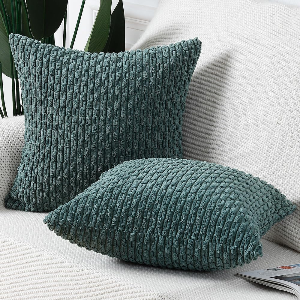 MADIZZ Paquete de 2 fundas de almohada de pana a rayas bohemias de 14 x 14 pulgadas, fundas de cojín decorativas suaves de color verde oscuro para