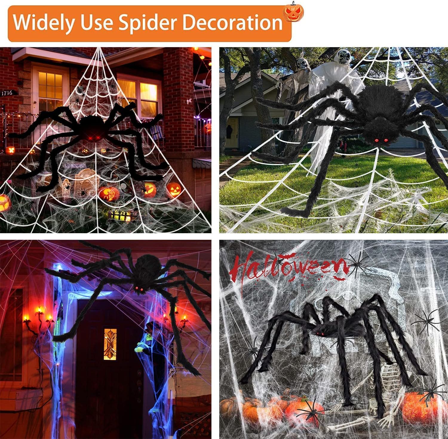 KRRFDP Decoración de Halloween de telaraña de 200 pulgadas, araña gigante aterradora de 60 pulgadas con 20 piezas de mini araña y telaraña elástica