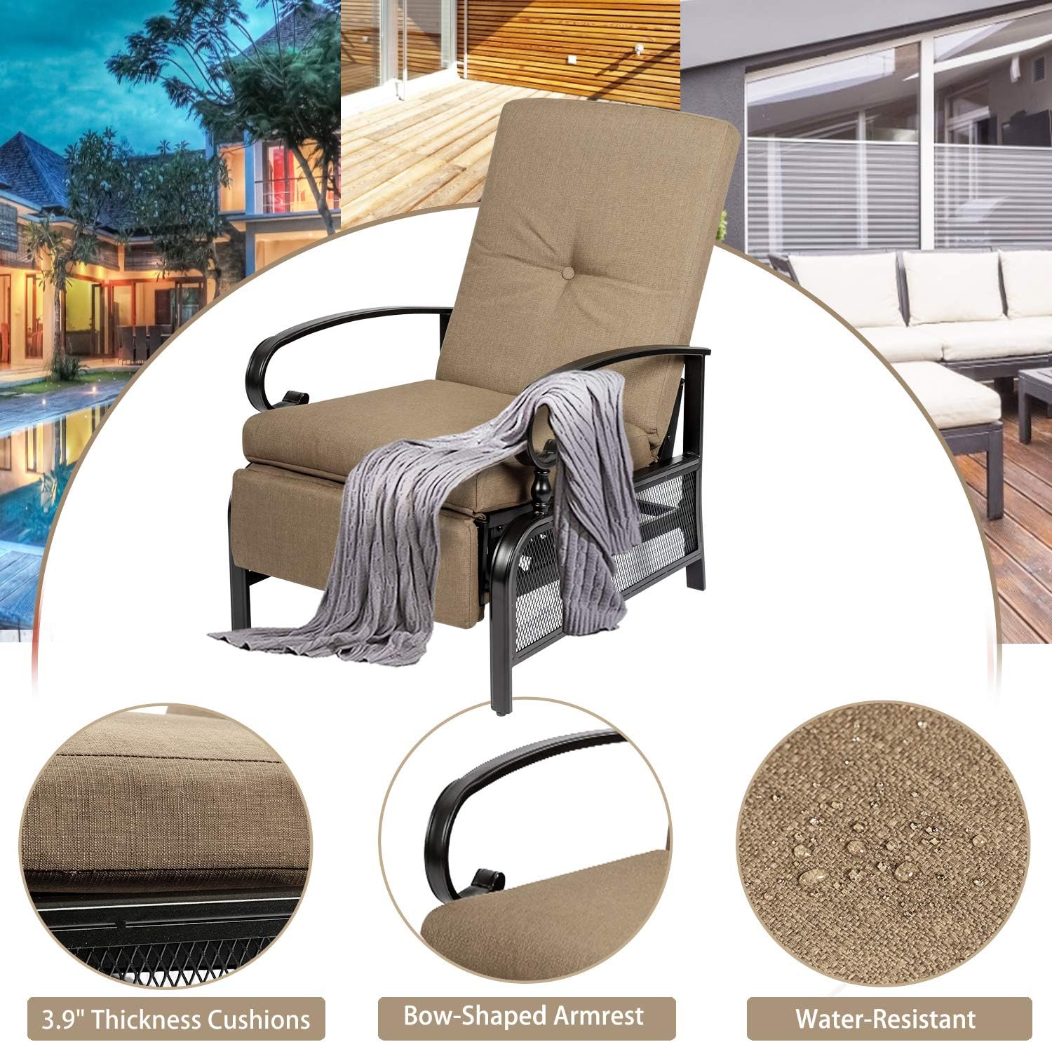 Incbruce Sillón para exteriores, muebles de patio, reclinables ajustables con marco de acero retráctil y cojines gruesos extraíbles, color marrón