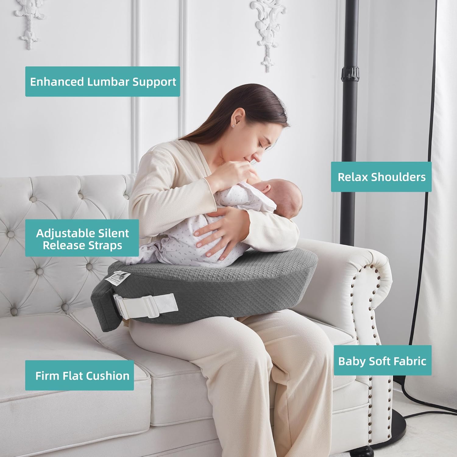 Almohada de lactancia – Deluxe Original para lactancia materna, alimentación con biberón, soporte ergonómico esencial para mamá y bebé – Correa