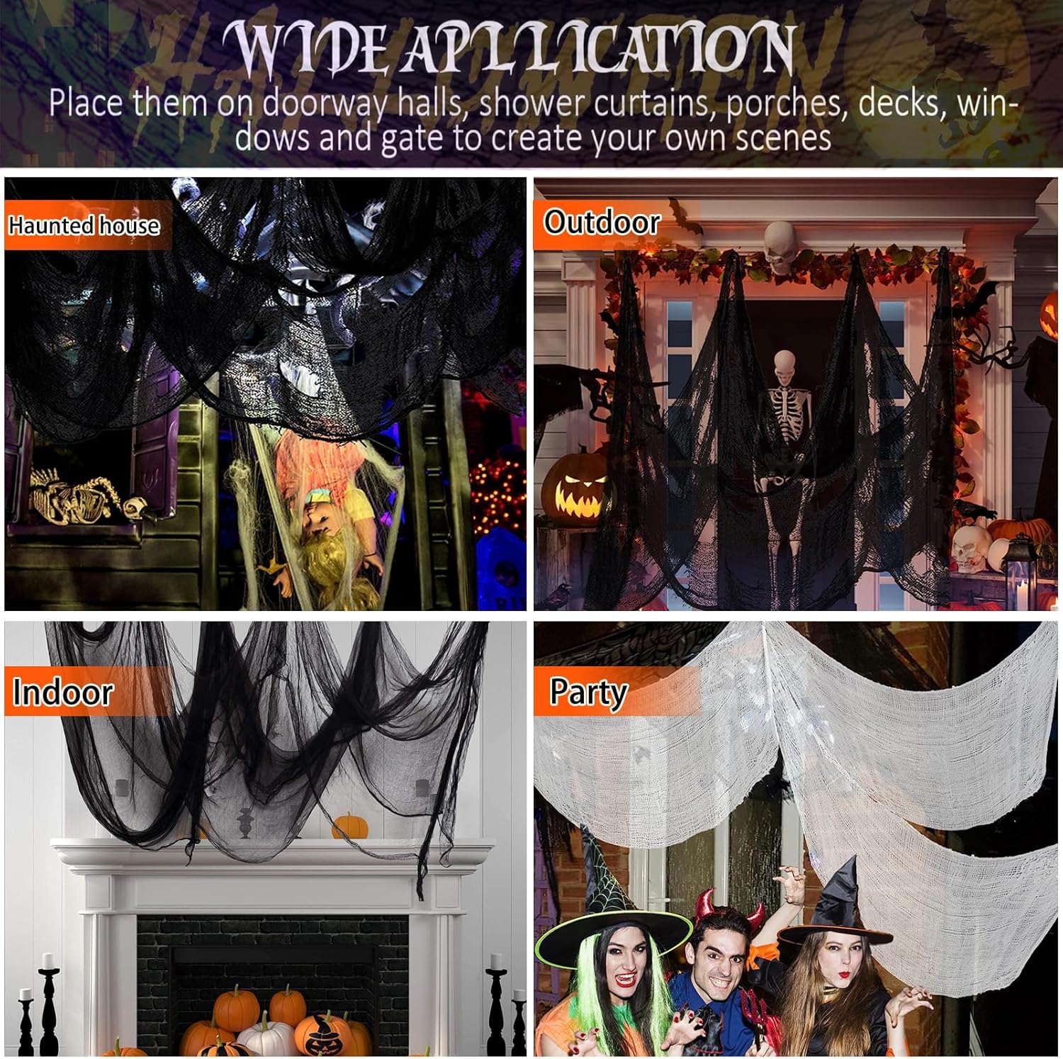 Paquete de 4 paños espeluznantes de Halloween, tela espeluznante de gasa espeluznante, 30 x 120 pulgadas, tela espeluznante, decoración para casas