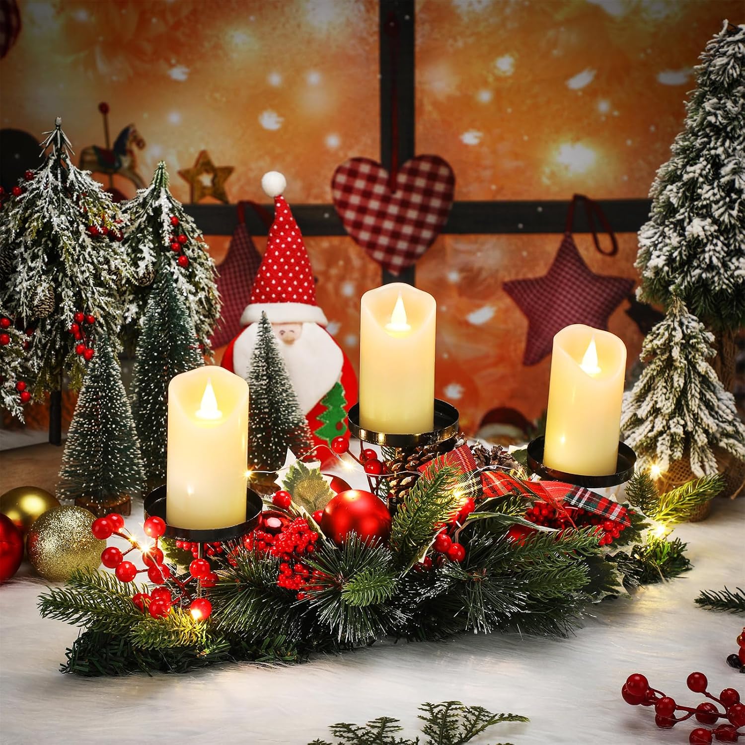 2 piezas de decoración de mesa de Navidad con 6 luces LED artificiales, funciona con pilas, candelabros triples para Navidad, para comedor, cocina,