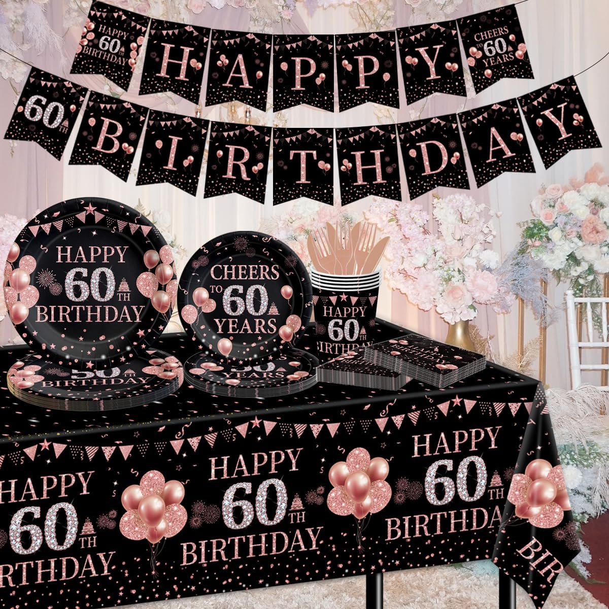 Juego de 142 platos y servilletas desechables de oro rosa para cumpleaños n. 60, para 20 invitados