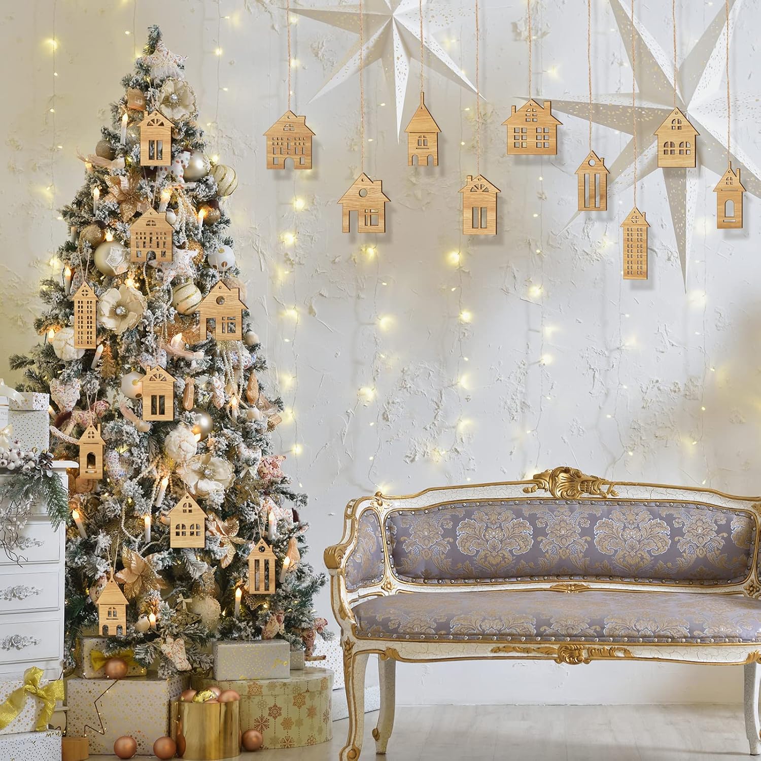 Unittype 18 adornos de madera de Navidad para el árbol de Navidad, adornos de madera en forma de casa, adornos colgantes de madera de doble cara,